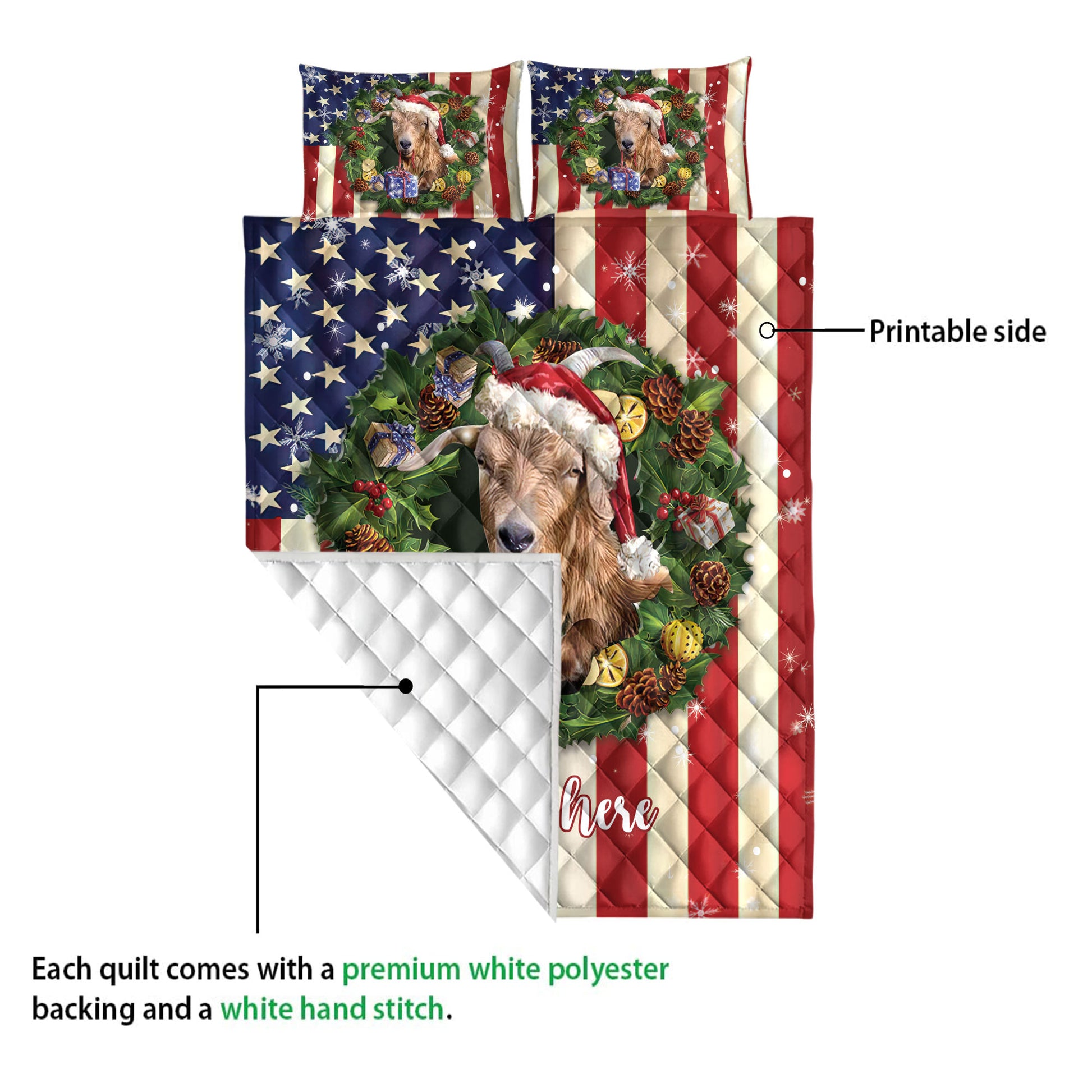 Ohaprints-Quilt-Bed-Set-Pillowcase-Goat-Wearing-Christmas-Hat-Wreath-Custom-Personalized-Name-Blanket-Bedspread-Bedding-4130-Queen (80'' x 90'')