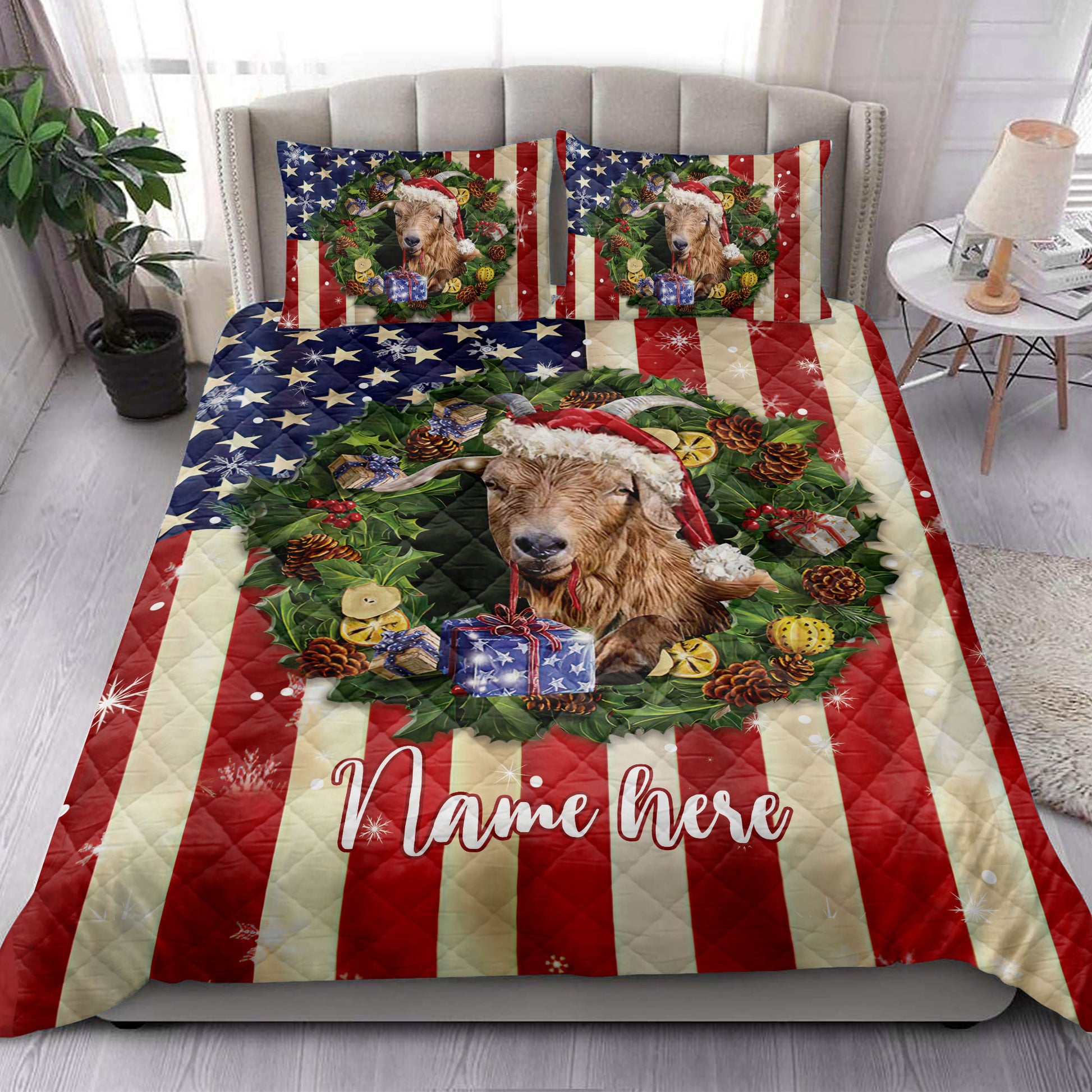 Ohaprints-Quilt-Bed-Set-Pillowcase-Goat-Wearing-Christmas-Hat-Wreath-Custom-Personalized-Name-Blanket-Bedspread-Bedding-4130-King (90'' x 100'')