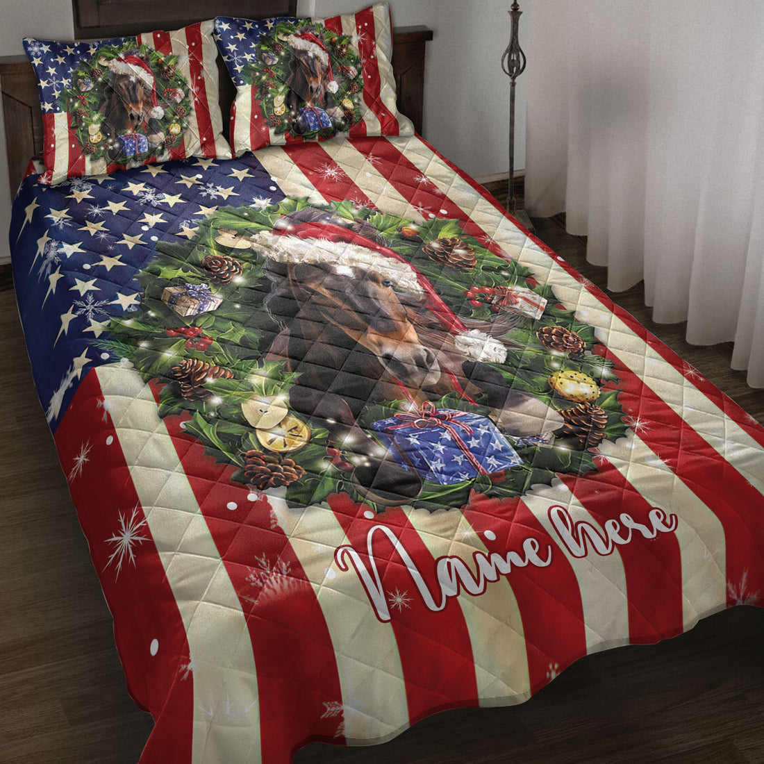 Ohaprints-Quilt-Bed-Set-Pillowcase-Horse-Wearing-Christmas-Hat-Wreath-Custom-Personalized-Name-Blanket-Bedspread-Bedding-4132-Throw (55'' x 60'')