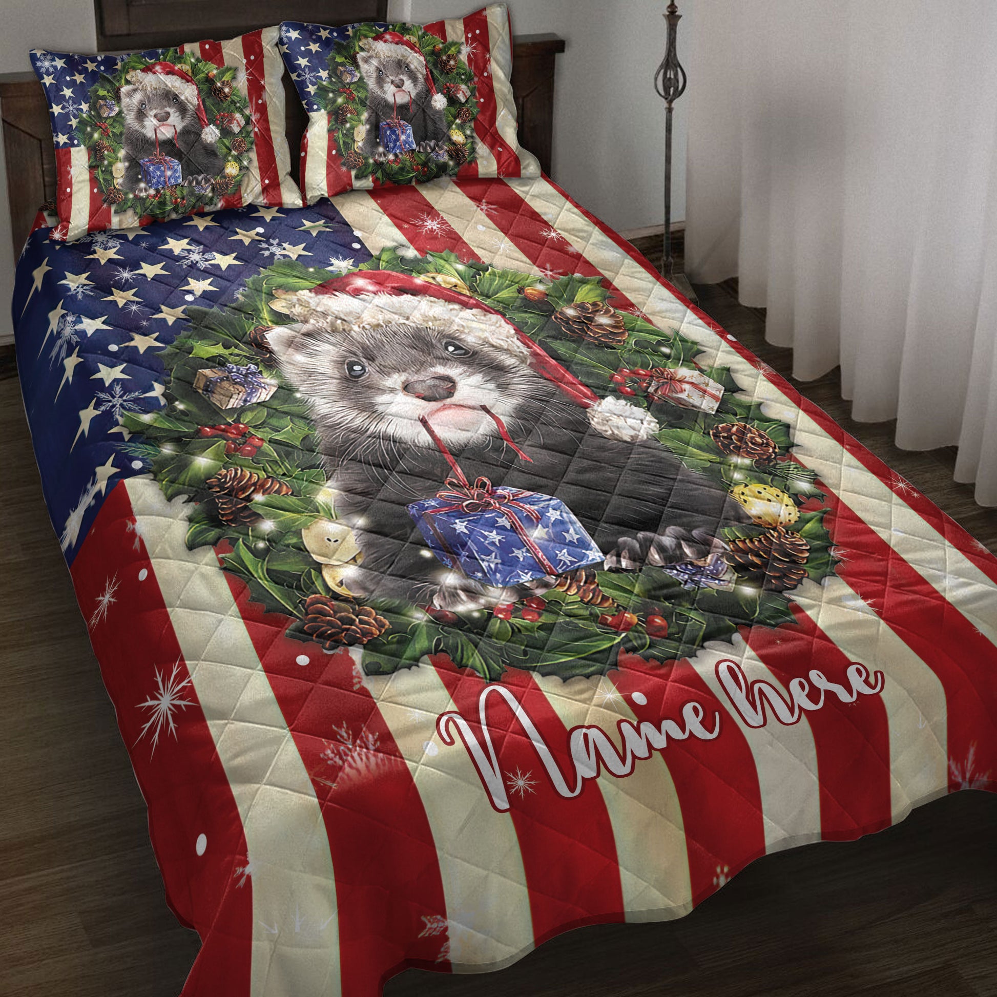 Ohaprints-Quilt-Bed-Set-Pillowcase-Otter-Wearing-Christmas-Hat-Wreath-Gifts-Custom-Personalized-Name-Blanket-Bedspread-Bedding-4133-Throw (55'' x 60'')