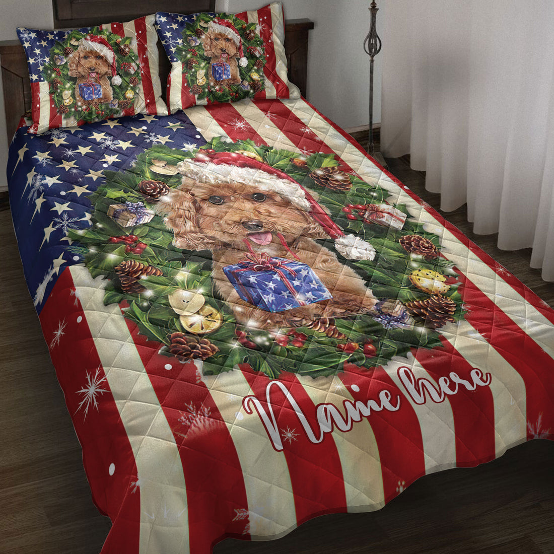 Ohaprints-Quilt-Bed-Set-Pillowcase-Poodle-Wearing-Christmas-Hat-Wreath-Custom-Personalized-Name-Blanket-Bedspread-Bedding-4134-Throw (55'' x 60'')