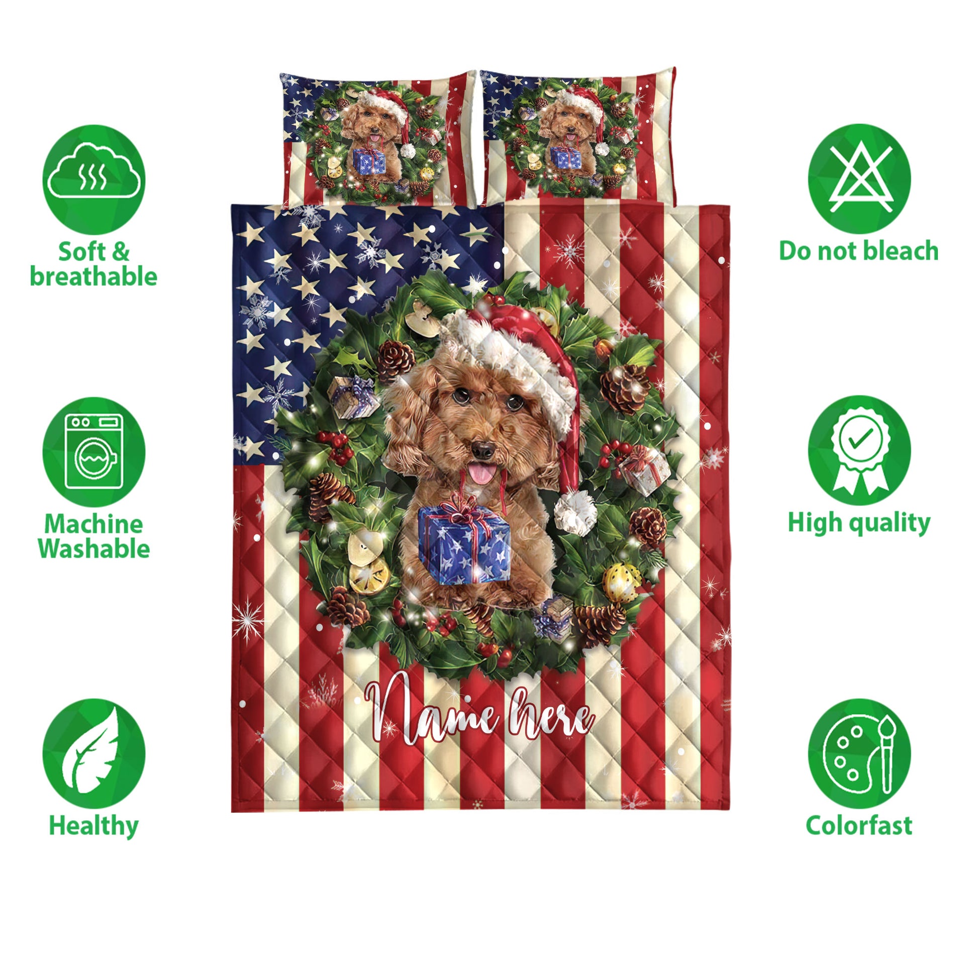 Ohaprints-Quilt-Bed-Set-Pillowcase-Poodle-Wearing-Christmas-Hat-Wreath-Custom-Personalized-Name-Blanket-Bedspread-Bedding-4134-Double (70'' x 80'')