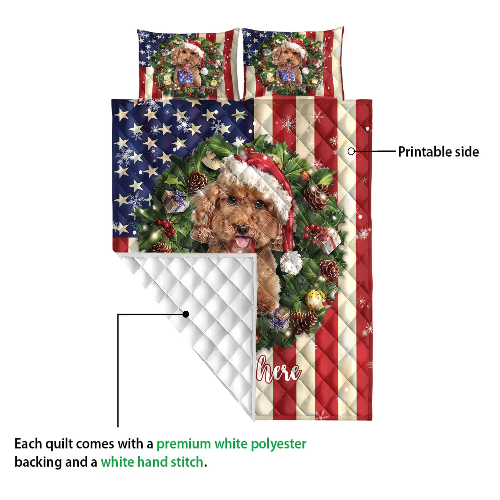 Ohaprints-Quilt-Bed-Set-Pillowcase-Poodle-Wearing-Christmas-Hat-Wreath-Custom-Personalized-Name-Blanket-Bedspread-Bedding-4134-Queen (80'' x 90'')