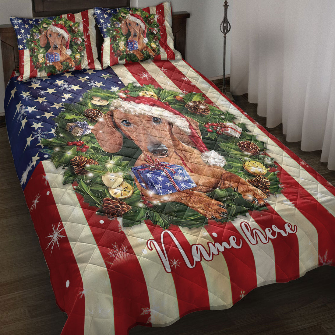 Ohaprints-Quilt-Bed-Set-Pillowcase-Dachshund-Wearing-Christmas-Hat-Wreath-Custom-Personalized-Name-Blanket-Bedspread-Bedding-4135-Throw (55'' x 60'')