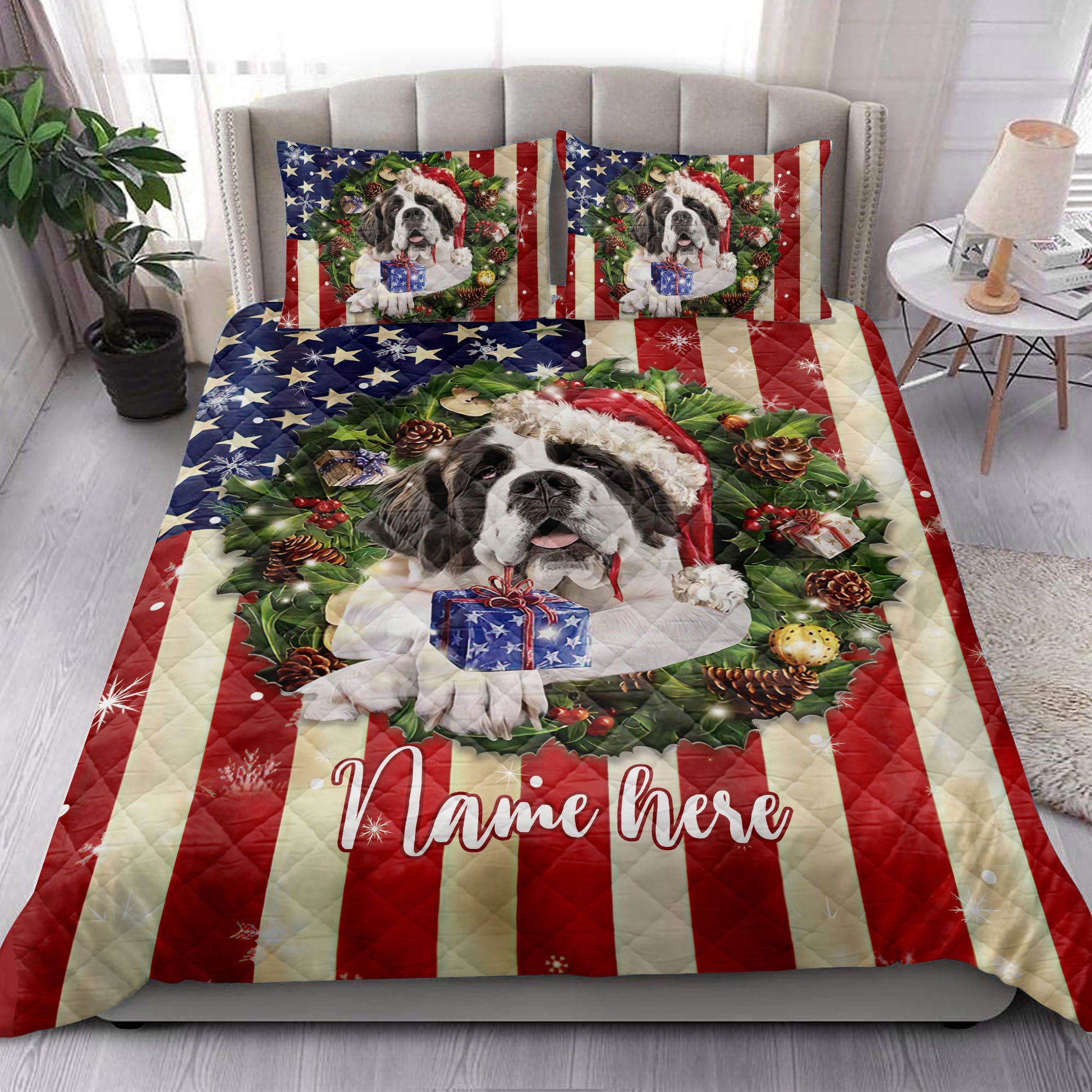 Ohaprints-Quilt-Bed-Set-Pillowcase-St.-Bernard-Wearing-Christmas-Hat-Wreath-Custom-Personalized-Name-Blanket-Bedspread-Bedding-4137-King (90'' x 100'')