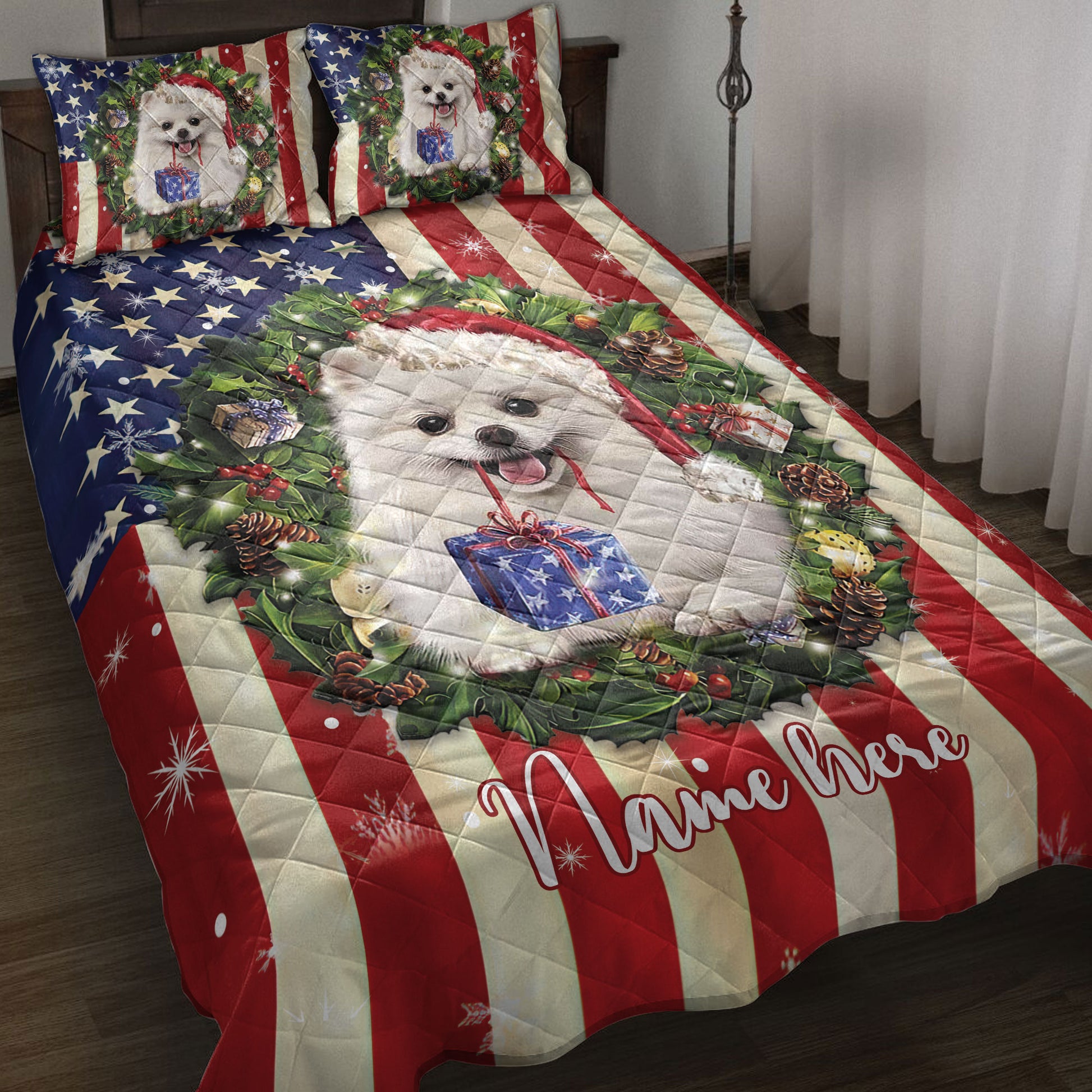 Ohaprints-Quilt-Bed-Set-Pillowcase-Pomeranian-Wearing-Christmas-Hat-Wreath-Custom-Personalized-Name-Blanket-Bedspread-Bedding-4138-Throw (55'' x 60'')