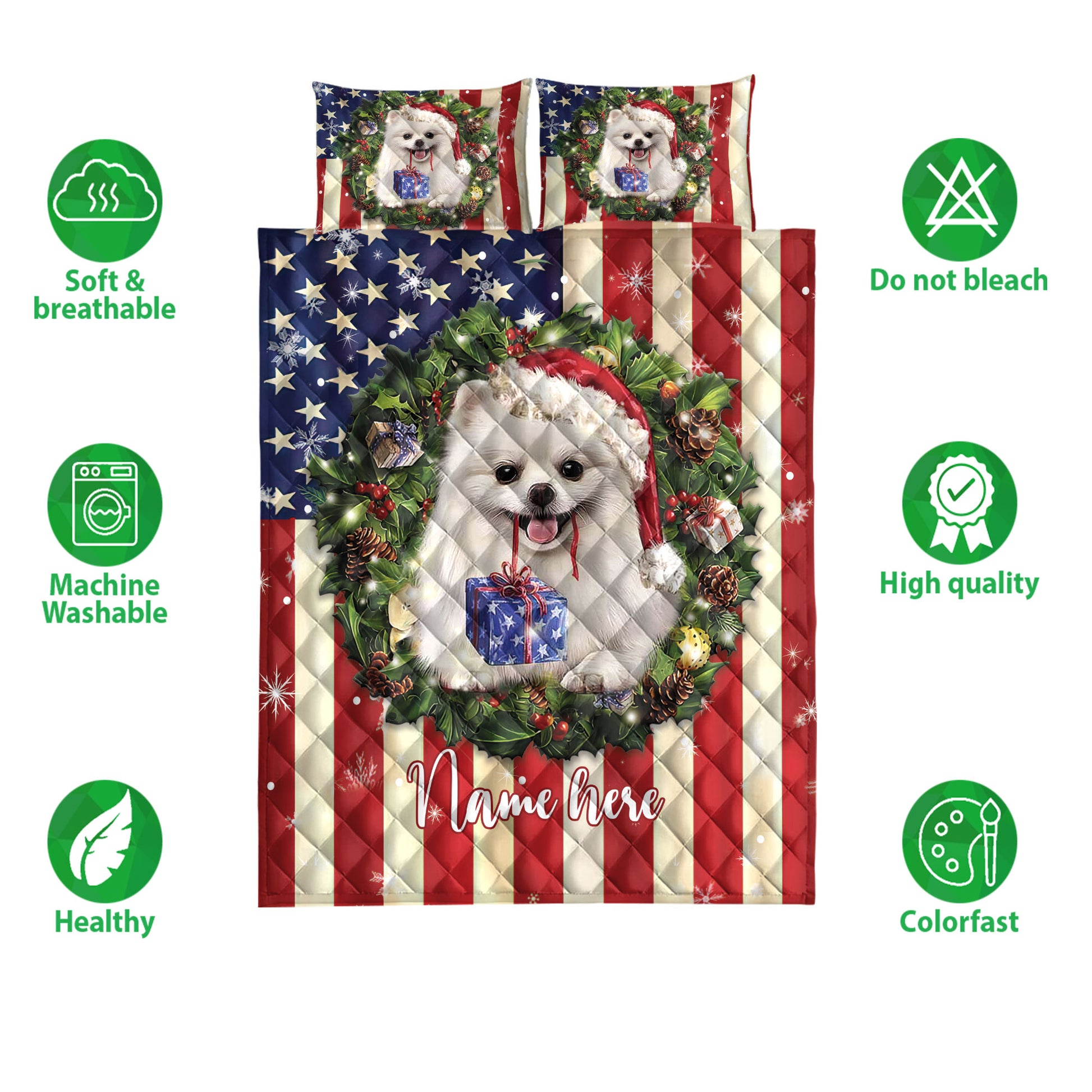 Ohaprints-Quilt-Bed-Set-Pillowcase-Pomeranian-Wearing-Christmas-Hat-Wreath-Custom-Personalized-Name-Blanket-Bedspread-Bedding-4138-Double (70'' x 80'')