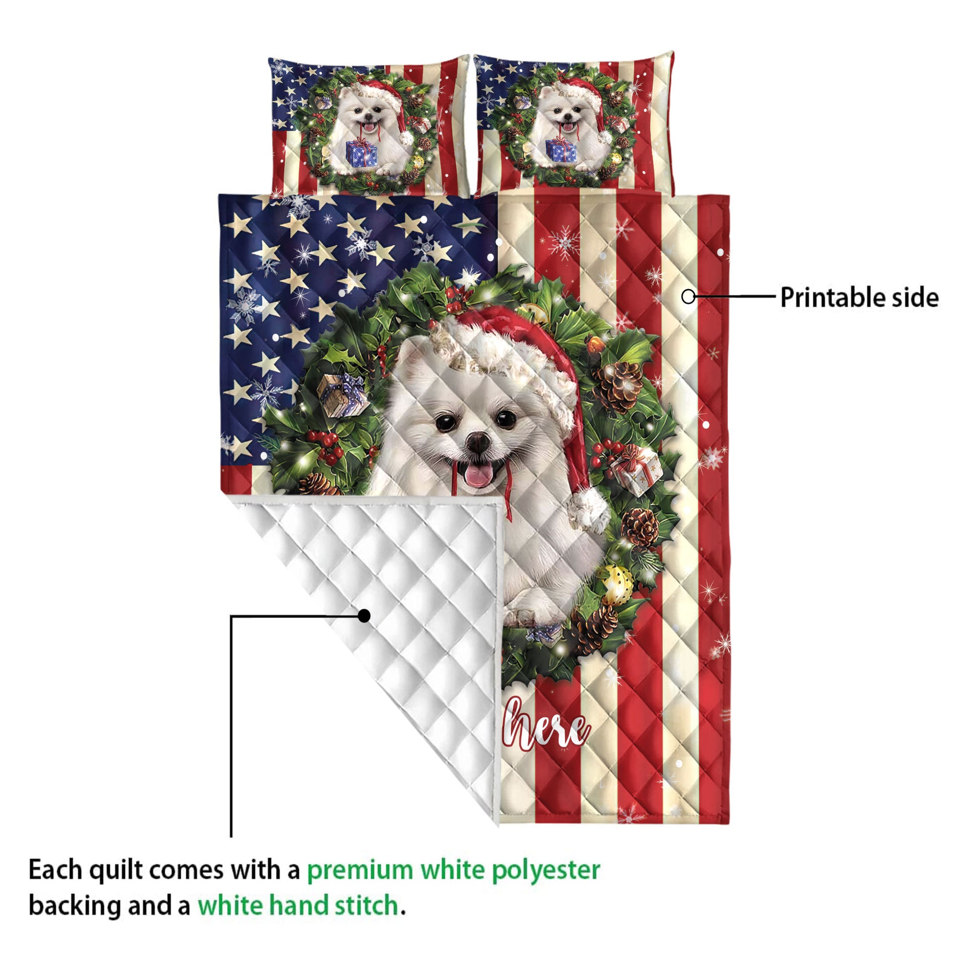 Ohaprints-Quilt-Bed-Set-Pillowcase-Pomeranian-Wearing-Christmas-Hat-Wreath-Custom-Personalized-Name-Blanket-Bedspread-Bedding-4138-Queen (80'' x 90'')