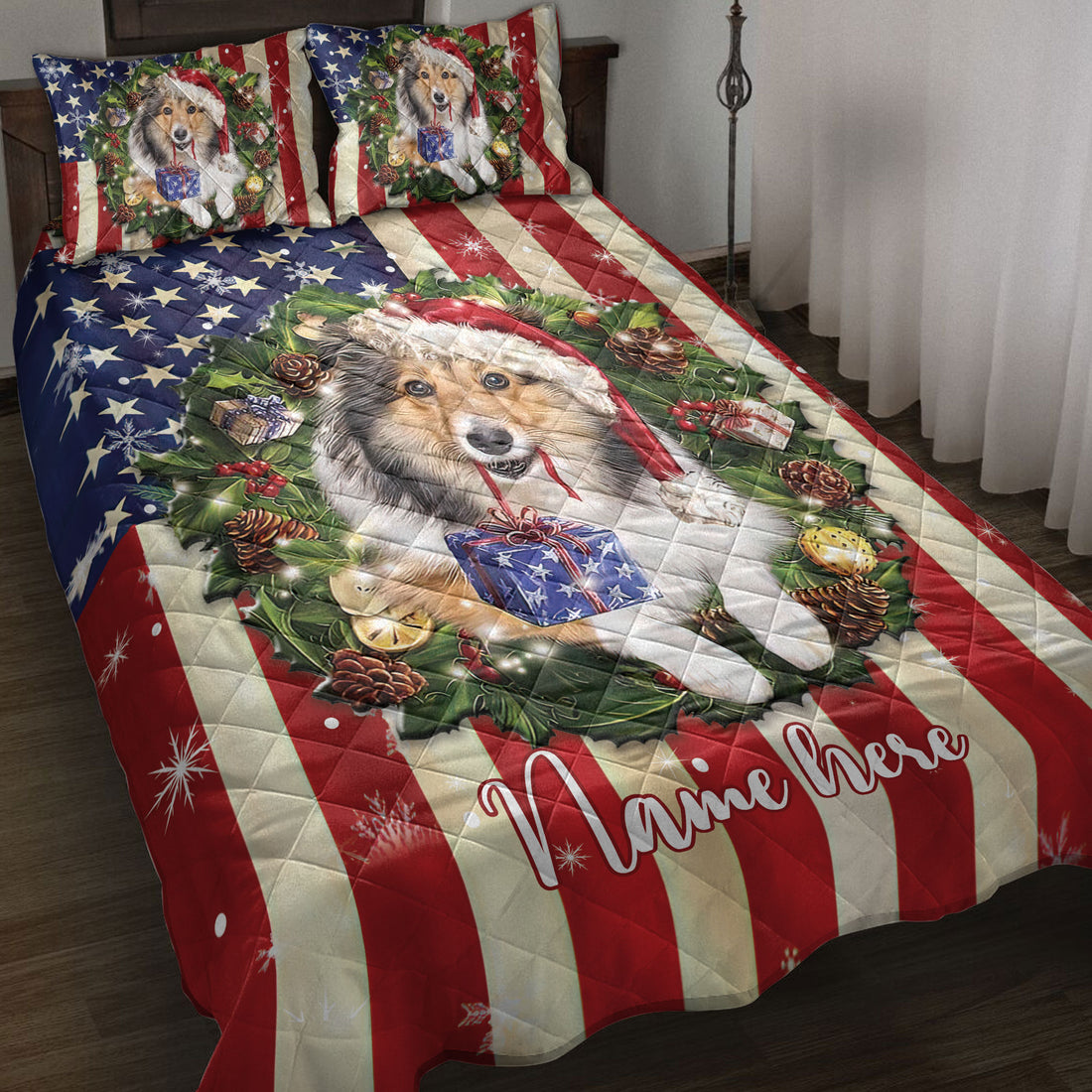 Ohaprints-Quilt-Bed-Set-Pillowcase-Rough-Collie-Wearing-Christmas-Hat-Wreath-Custom-Personalized-Name-Blanket-Bedspread-Bedding-4139-Throw (55'' x 60'')