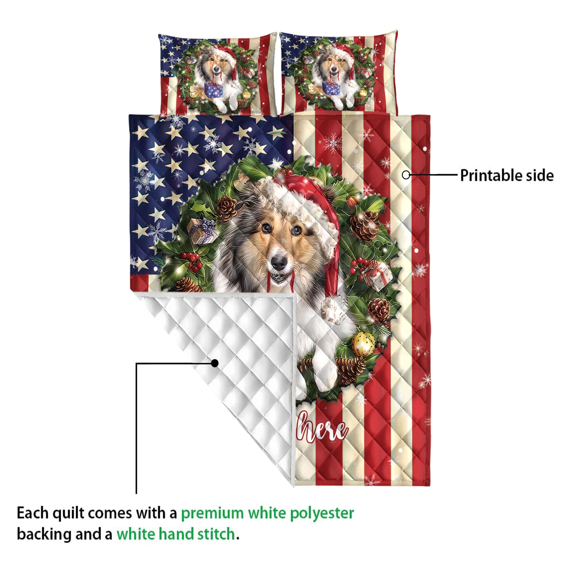 Ohaprints-Quilt-Bed-Set-Pillowcase-Rough-Collie-Wearing-Christmas-Hat-Wreath-Custom-Personalized-Name-Blanket-Bedspread-Bedding-4139-Queen (80'' x 90'')