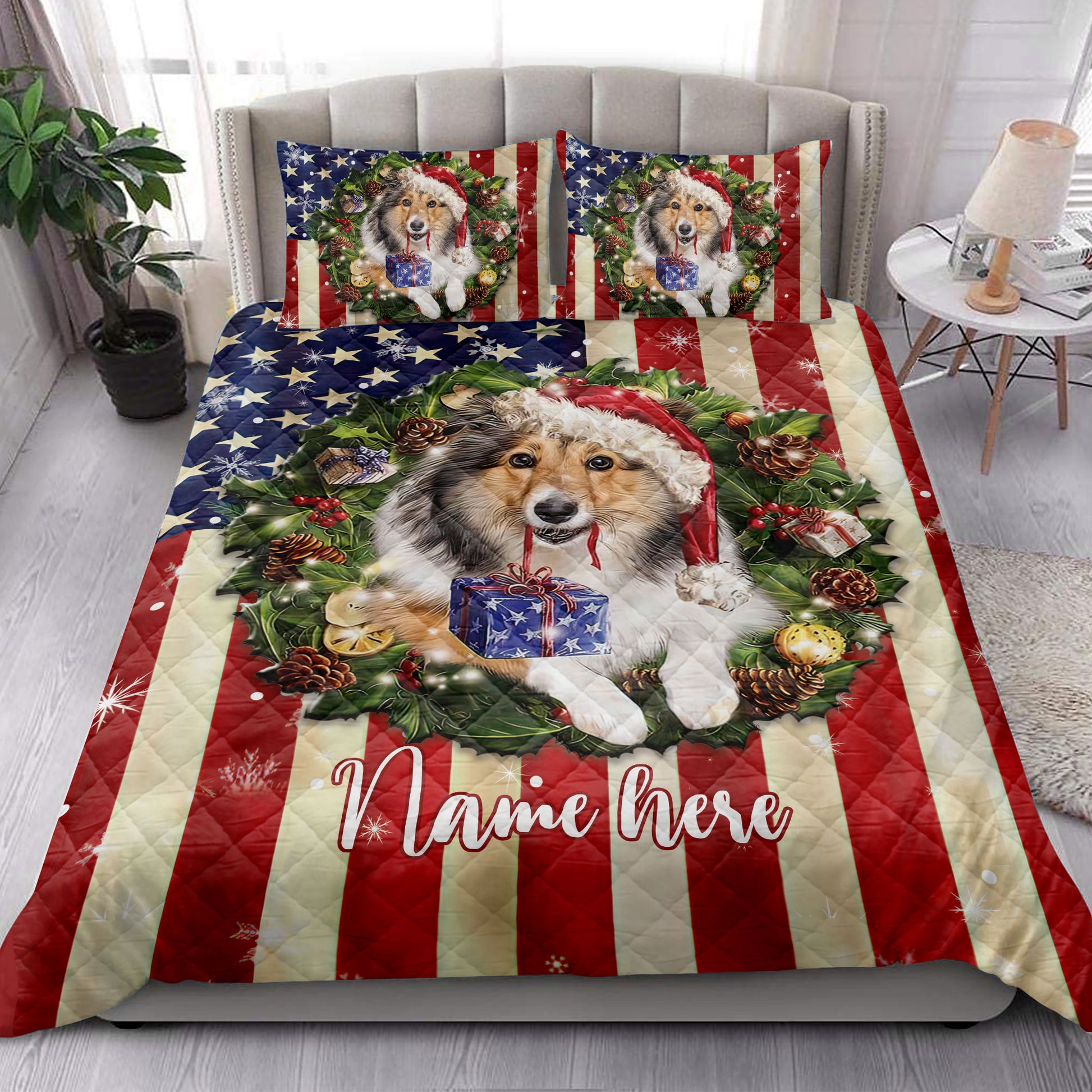 Ohaprints-Quilt-Bed-Set-Pillowcase-Rough-Collie-Wearing-Christmas-Hat-Wreath-Custom-Personalized-Name-Blanket-Bedspread-Bedding-4139-King (90'' x 100'')