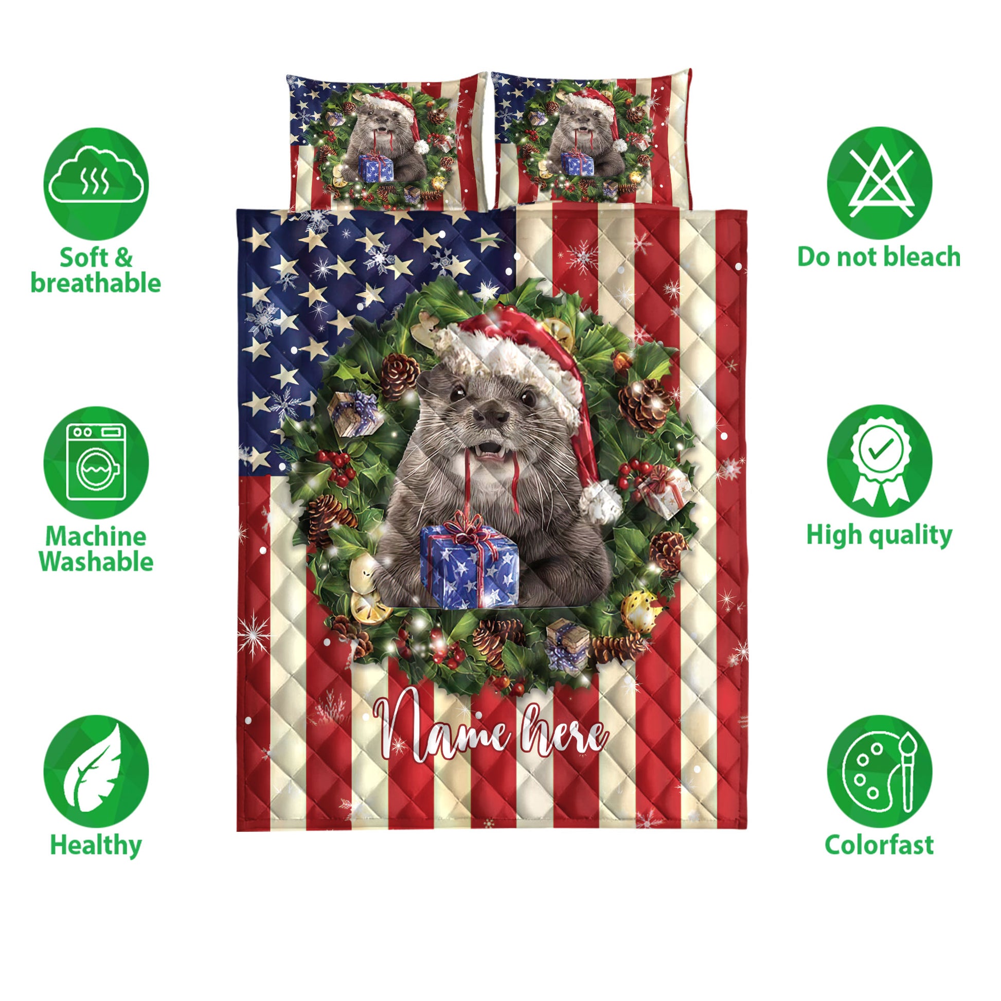 Ohaprints-Quilt-Bed-Set-Pillowcase-Otter-Wearing-Christmas-Hat-Wreath-Custom-Personalized-Name-Blanket-Bedspread-Bedding-4140-Double (70'' x 80'')