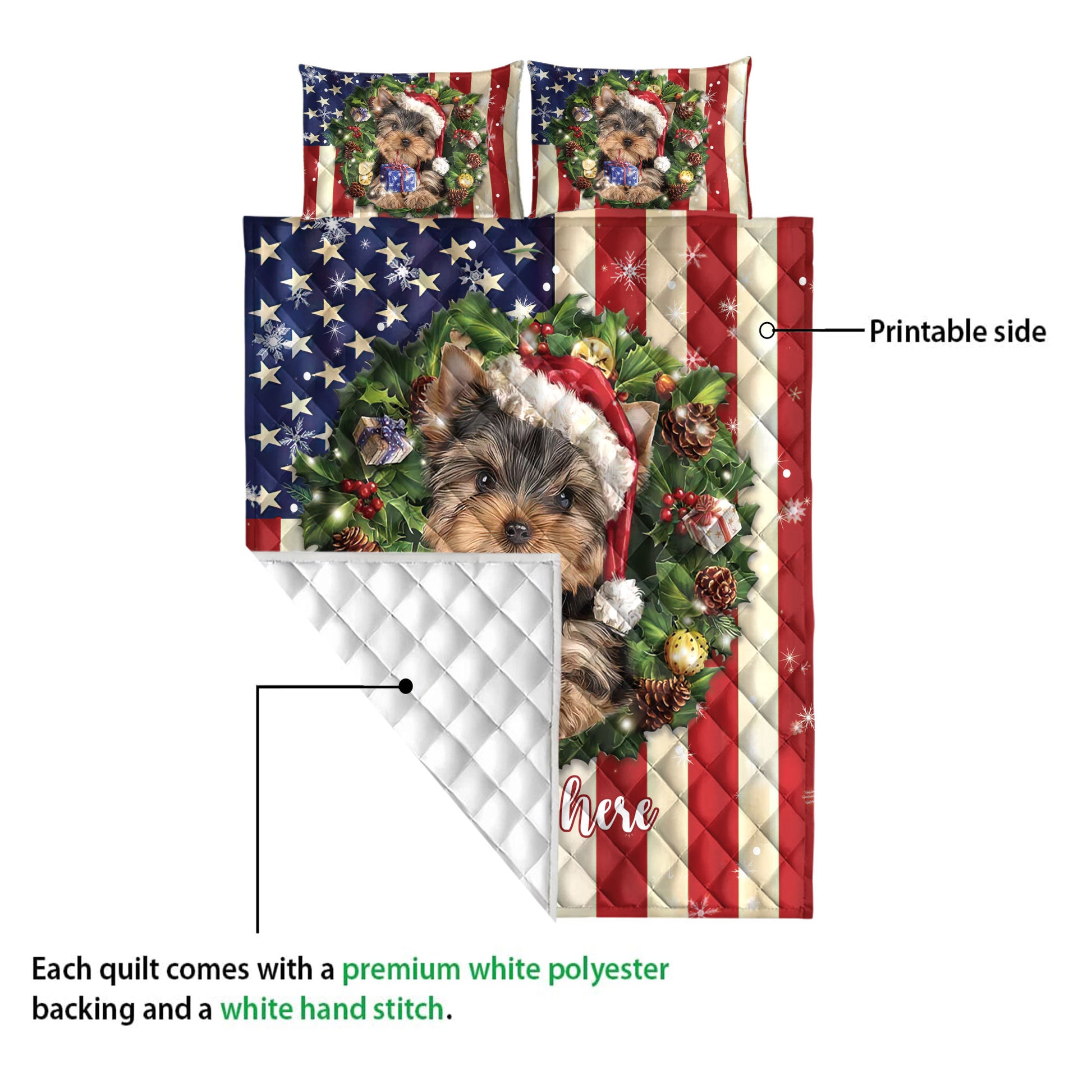 Ohaprints-Quilt-Bed-Set-Pillowcase-Yorkshire-Terrier-Wearing-Christmas-Hat-Custom-Personalized-Name-Blanket-Bedspread-Bedding-4141-Queen (80'' x 90'')