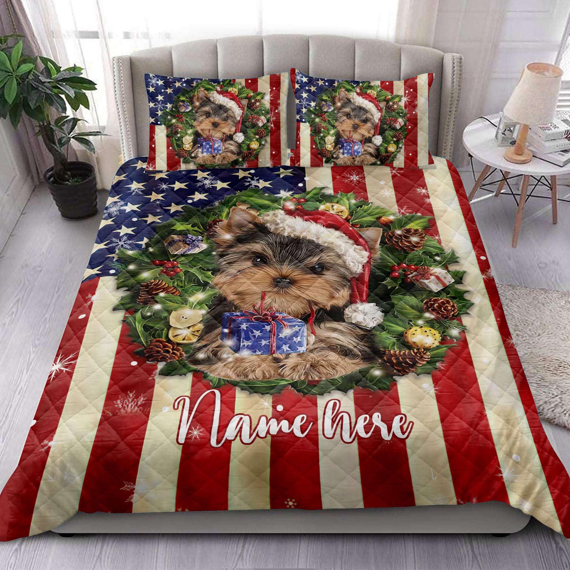 Ohaprints-Quilt-Bed-Set-Pillowcase-Yorkshire-Terrier-Wearing-Christmas-Hat-Custom-Personalized-Name-Blanket-Bedspread-Bedding-4141-King (90'' x 100'')