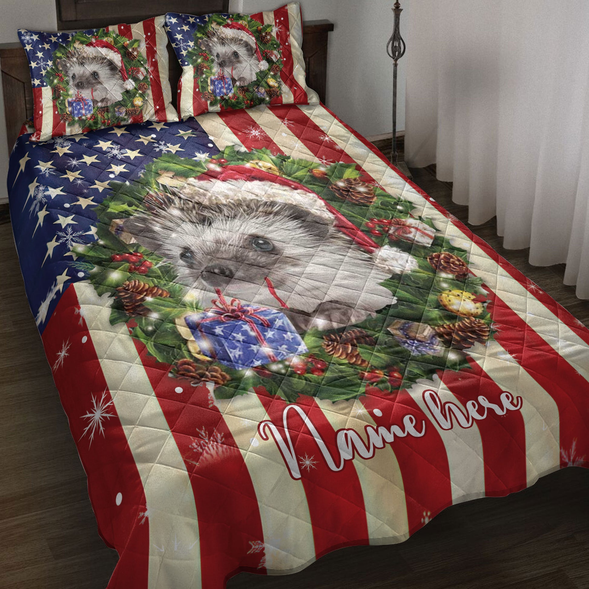 Ohaprints-Quilt-Bed-Set-Pillowcase-Hedgehog-Wearing-Christmas-Hat-Wreath-Custom-Personalized-Name-Blanket-Bedspread-Bedding-4142-Throw (55'' x 60'')