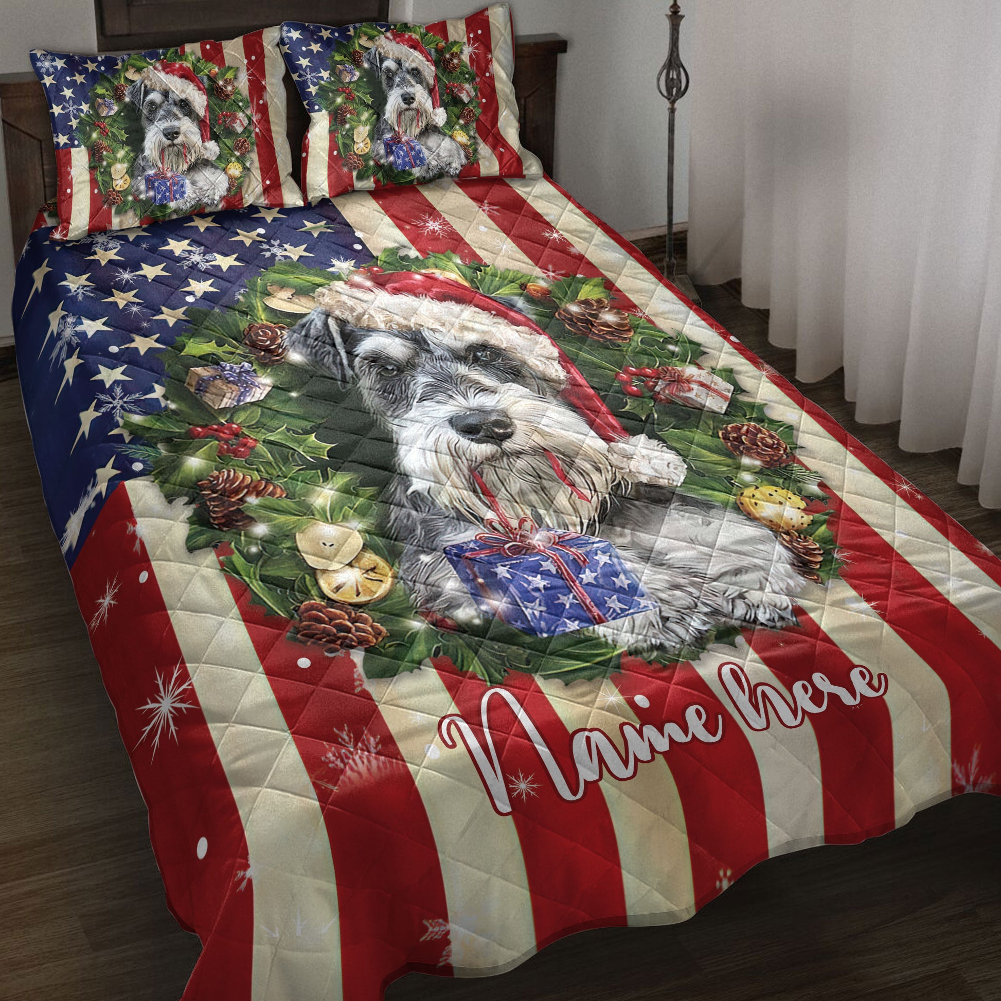 Ohaprints-Quilt-Bed-Set-Pillowcase-Schnauzer-Wearing-Christmas-Hat-Wreath-Custom-Personalized-Name-Blanket-Bedspread-Bedding-4143-Throw (55'' x 60'')