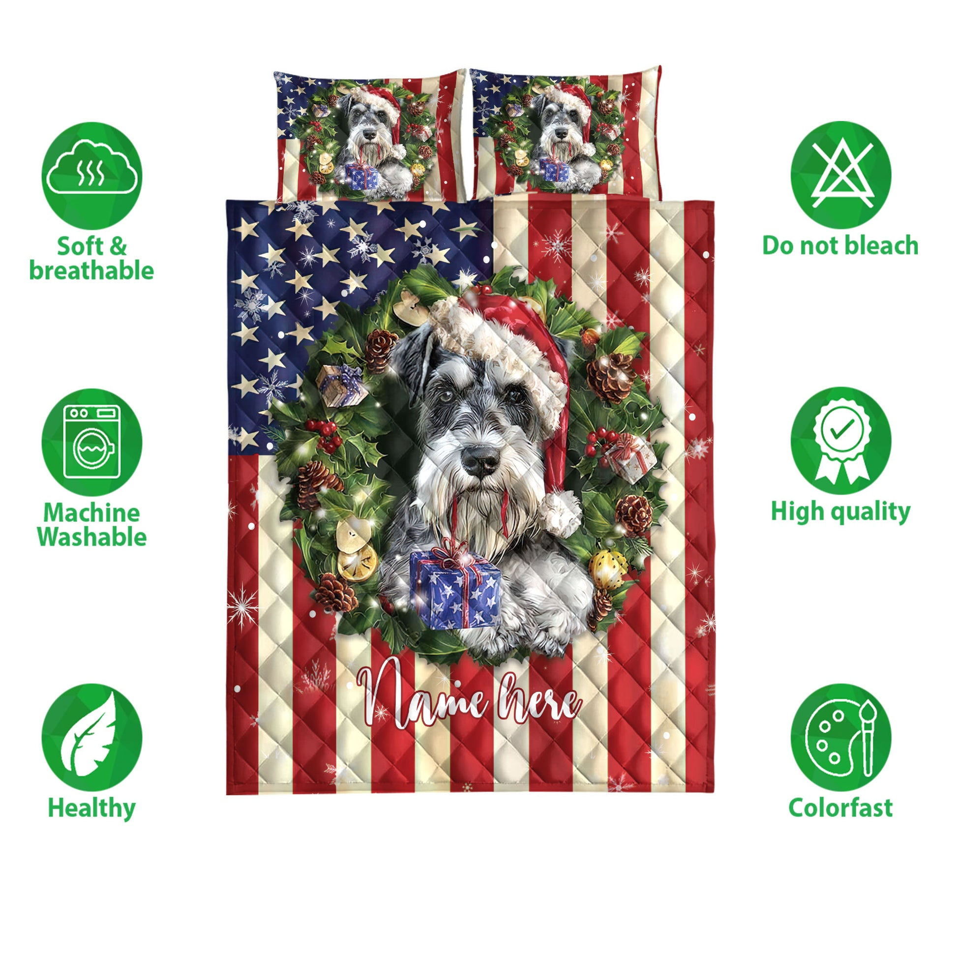 Ohaprints-Quilt-Bed-Set-Pillowcase-Schnauzer-Wearing-Christmas-Hat-Wreath-Custom-Personalized-Name-Blanket-Bedspread-Bedding-4143-Double (70'' x 80'')