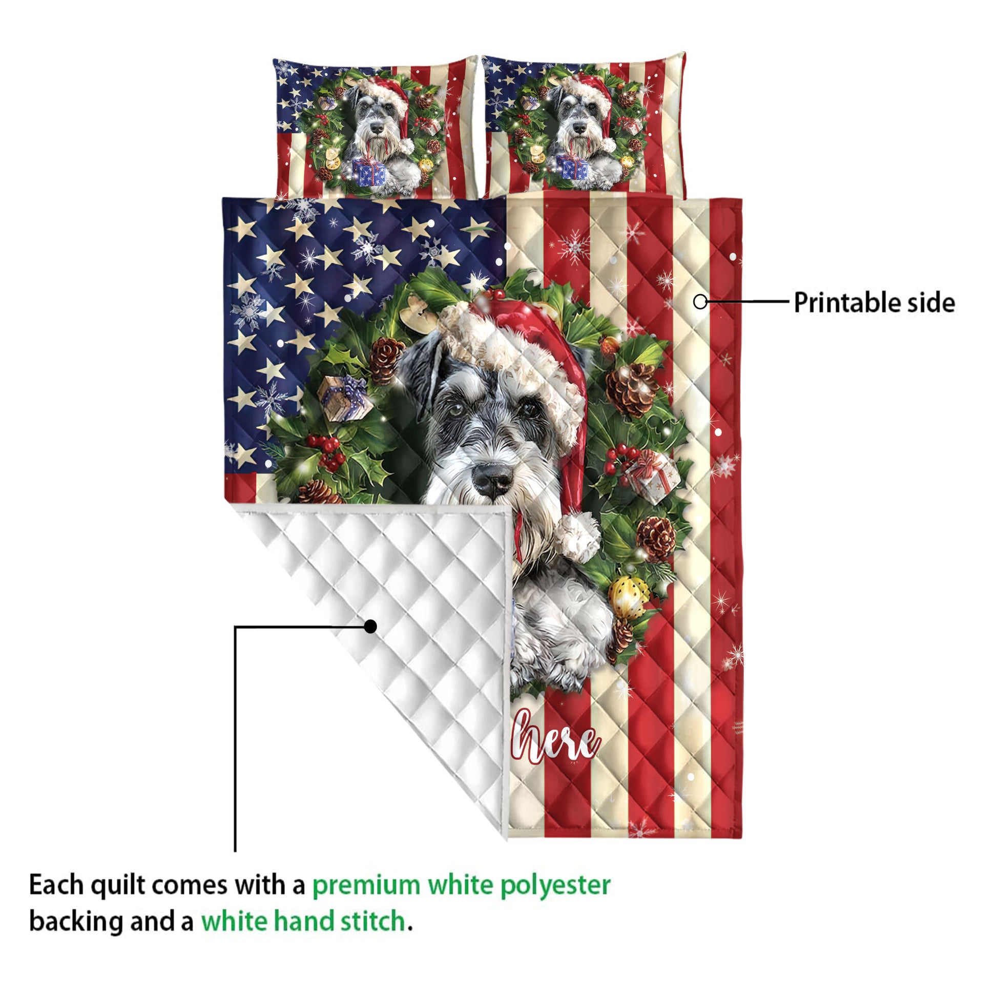 Ohaprints-Quilt-Bed-Set-Pillowcase-Schnauzer-Wearing-Christmas-Hat-Wreath-Custom-Personalized-Name-Blanket-Bedspread-Bedding-4143-Queen (80'' x 90'')