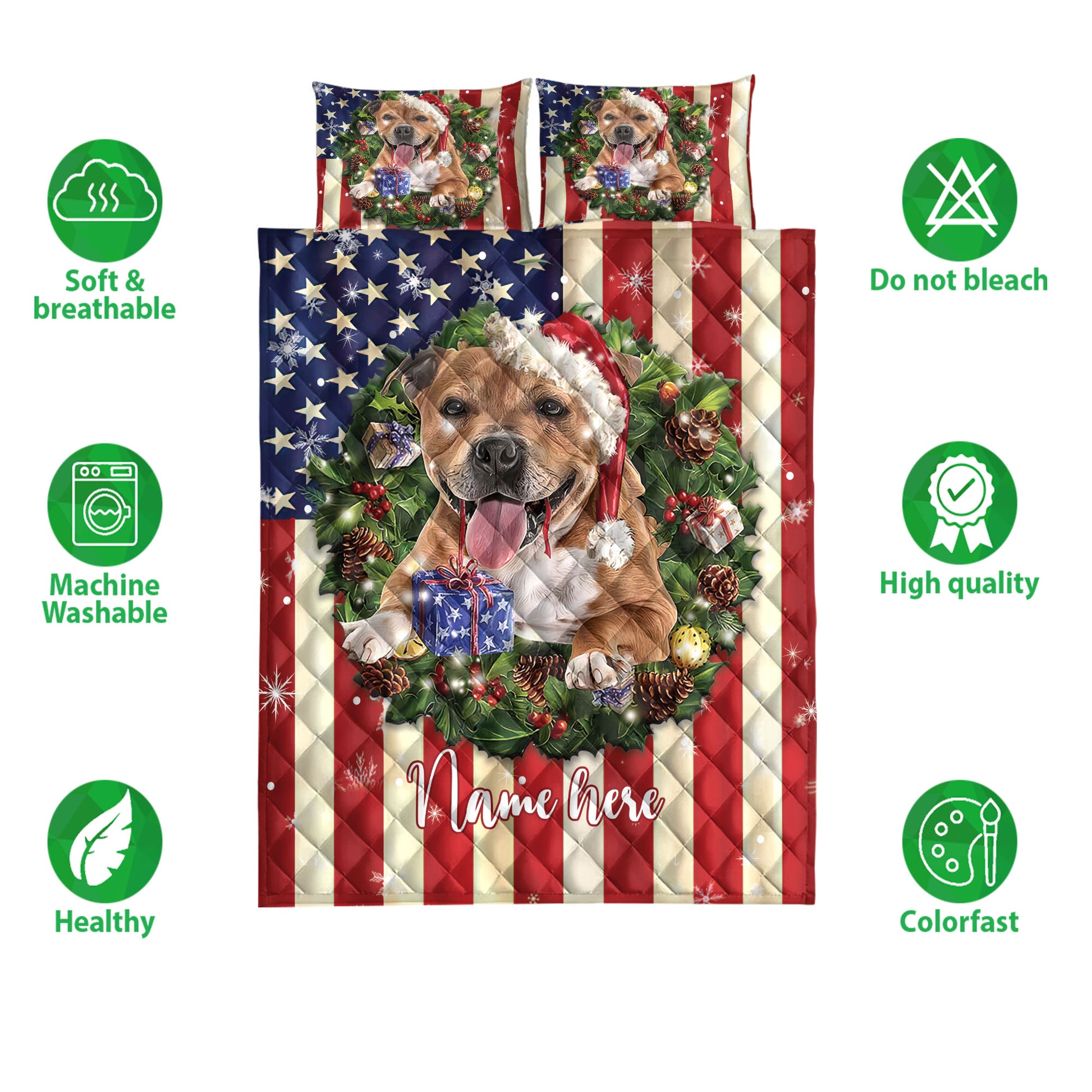 Ohaprints-Quilt-Bed-Set-Pillowcase-Pitbull-Wearing-Christmas-Hat-Wreath-Custom-Personalized-Name-Blanket-Bedspread-Bedding-4144-Double (70'' x 80'')