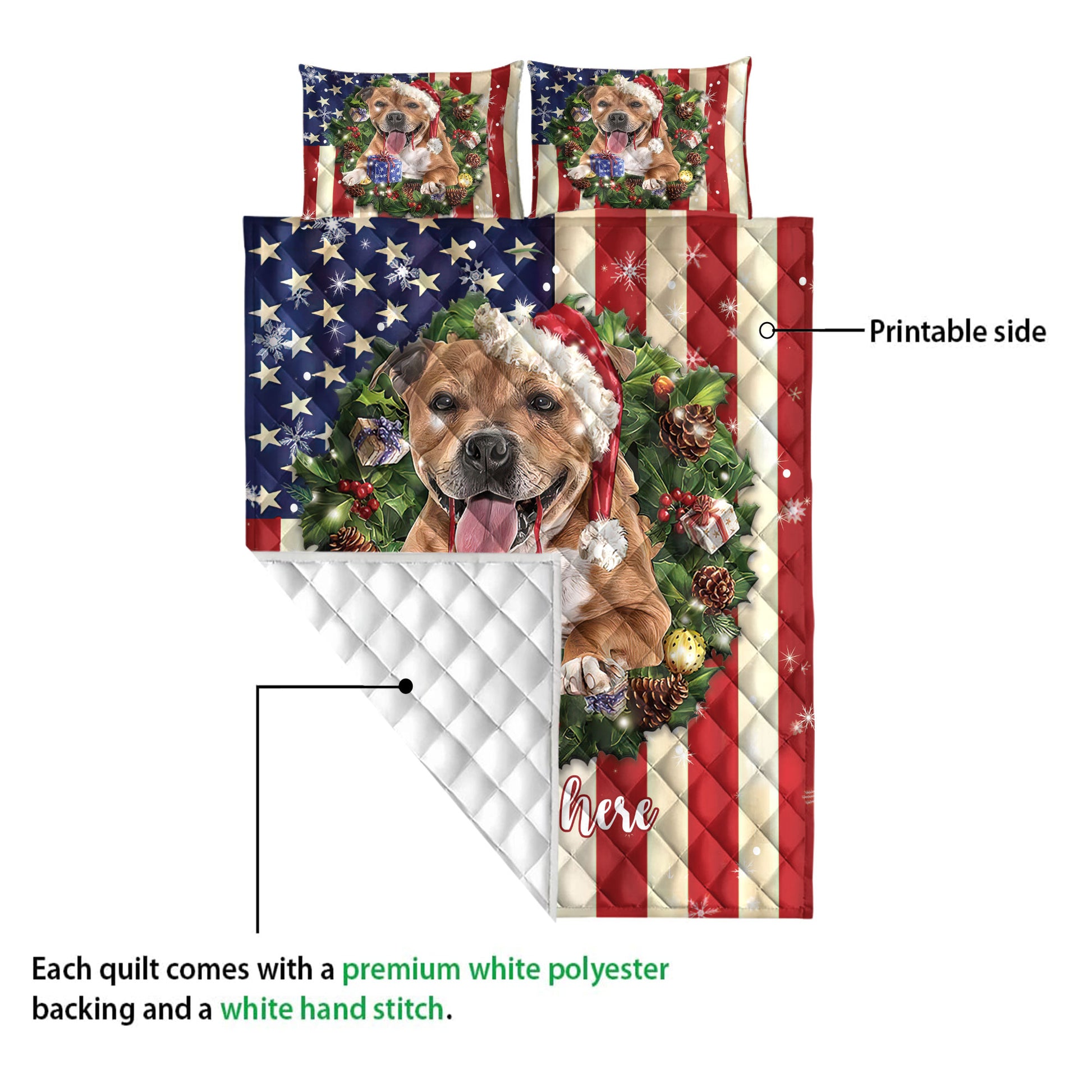 Ohaprints-Quilt-Bed-Set-Pillowcase-Pitbull-Wearing-Christmas-Hat-Wreath-Custom-Personalized-Name-Blanket-Bedspread-Bedding-4144-Queen (80'' x 90'')