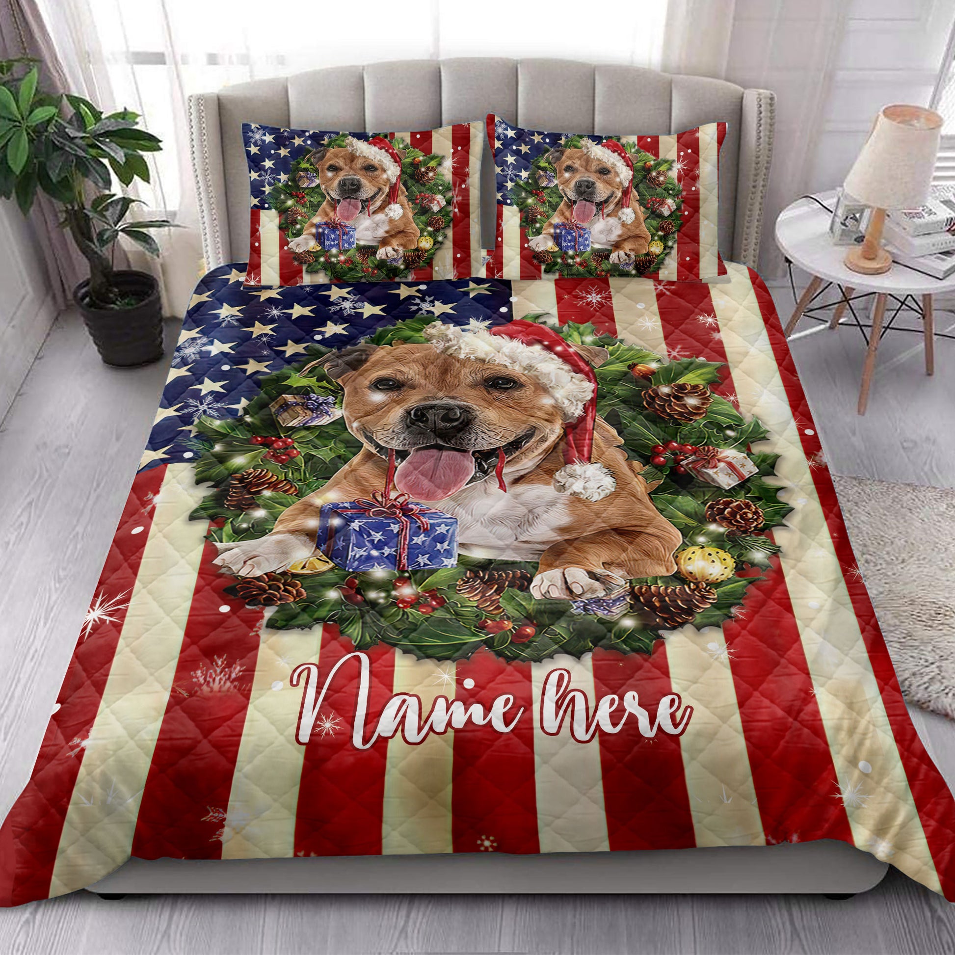 Ohaprints-Quilt-Bed-Set-Pillowcase-Pitbull-Wearing-Christmas-Hat-Wreath-Custom-Personalized-Name-Blanket-Bedspread-Bedding-4144-King (90'' x 100'')