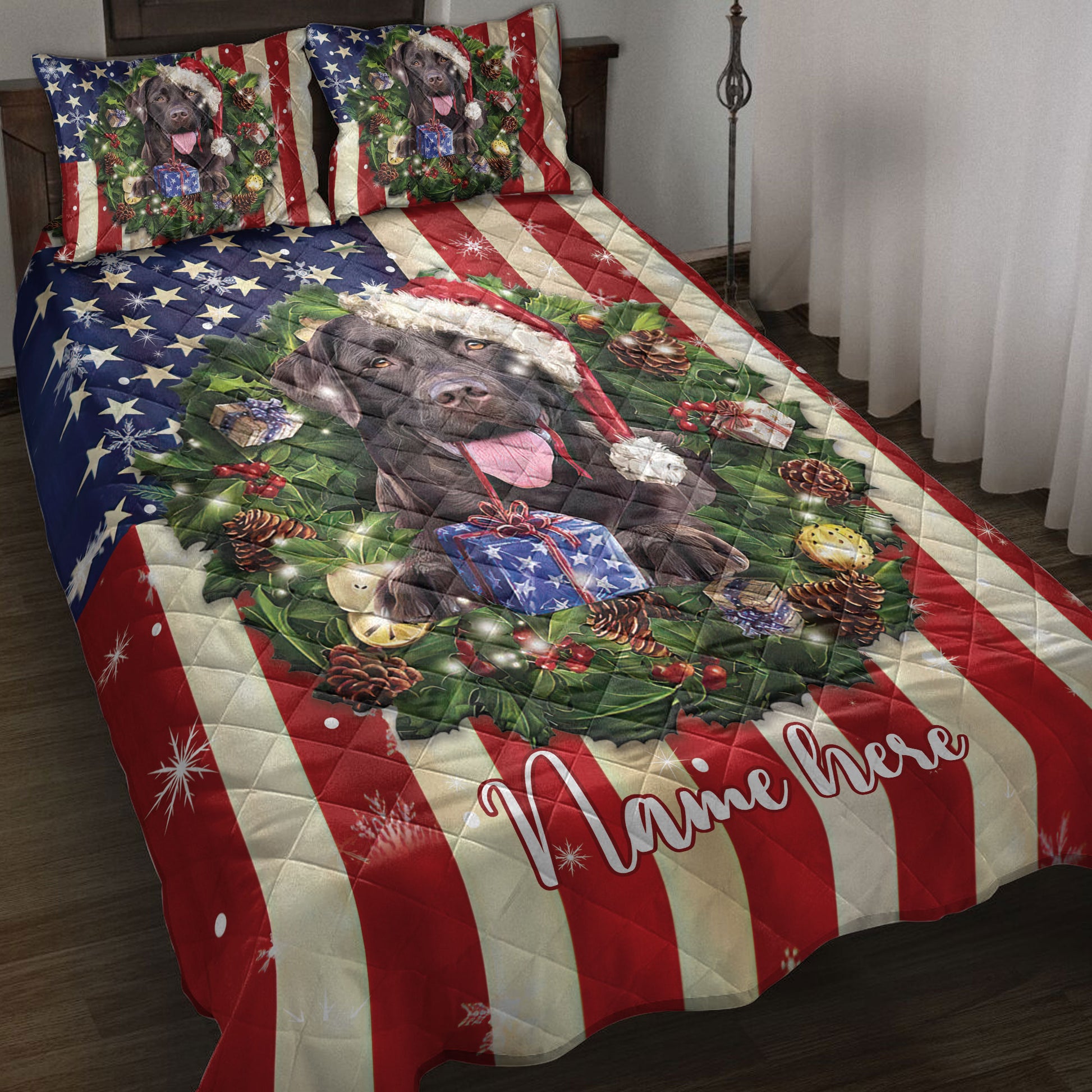 Ohaprints-Quilt-Bed-Set-Pillowcase-Labrador-Wearing-Christmas-Hat-Wreath-Custom-Personalized-Name-Blanket-Bedspread-Bedding-4145-Throw (55'' x 60'')