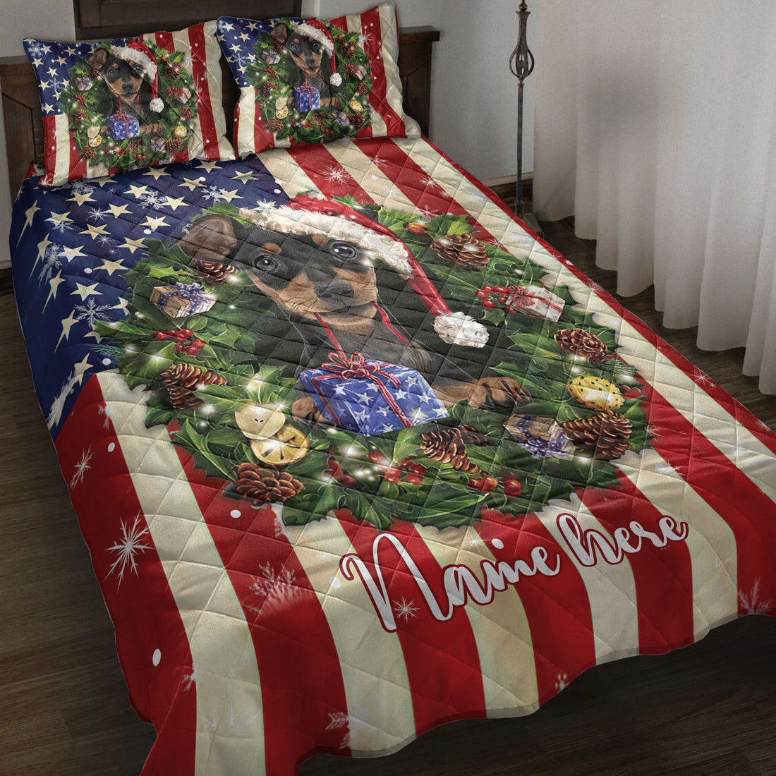 Ohaprints-Quilt-Bed-Set-Pillowcase-Miniature-Pinscher-Wearing-Christmas-Hat-Custom-Personalized-Name-Blanket-Bedspread-Bedding-4146-Throw (55'' x 60'')