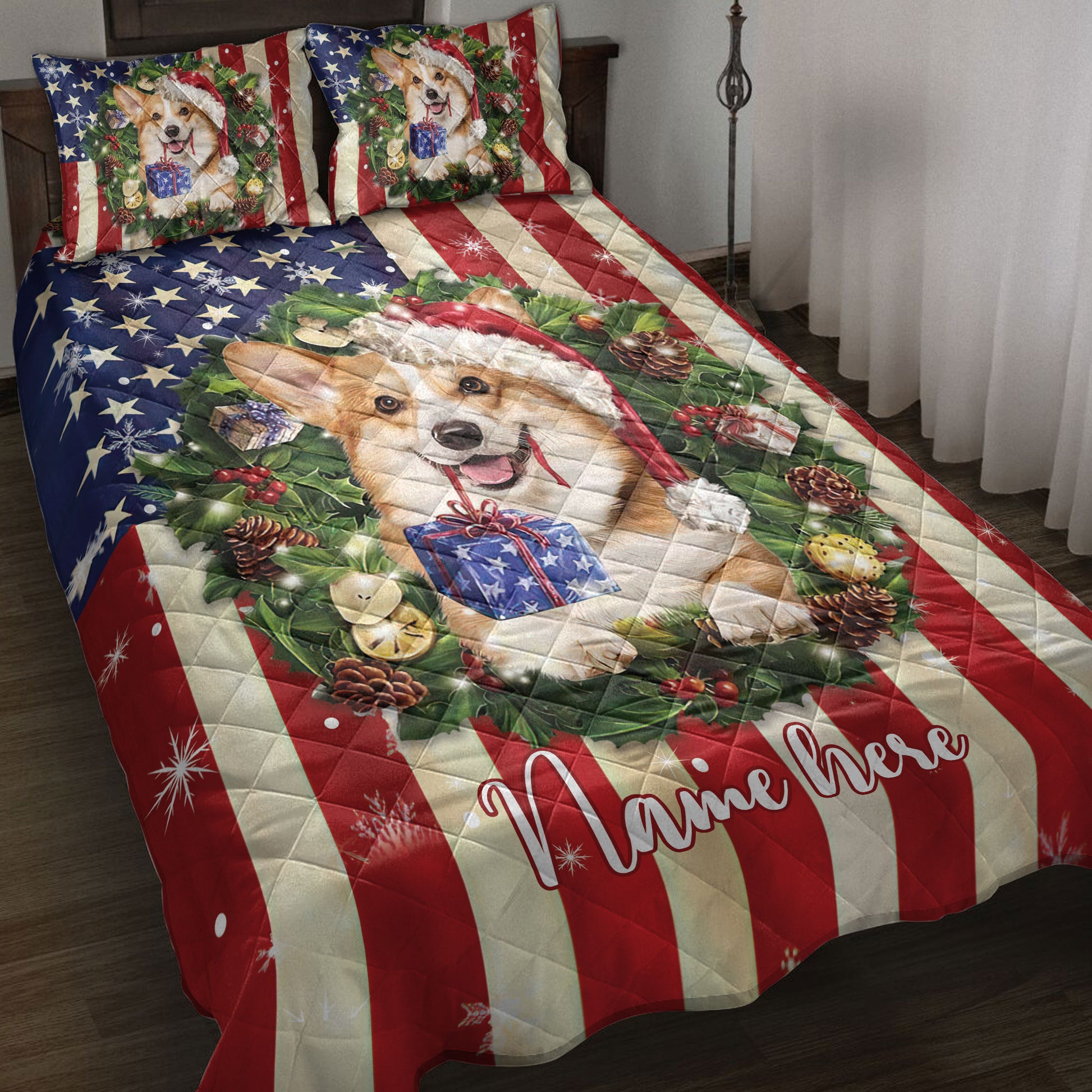 Ohaprints-Quilt-Bed-Set-Pillowcase-Corgi-Wearing-Christmas-Hat-Wreath-Custom-Personalized-Name-Blanket-Bedspread-Bedding-4147-Throw (55'' x 60'')