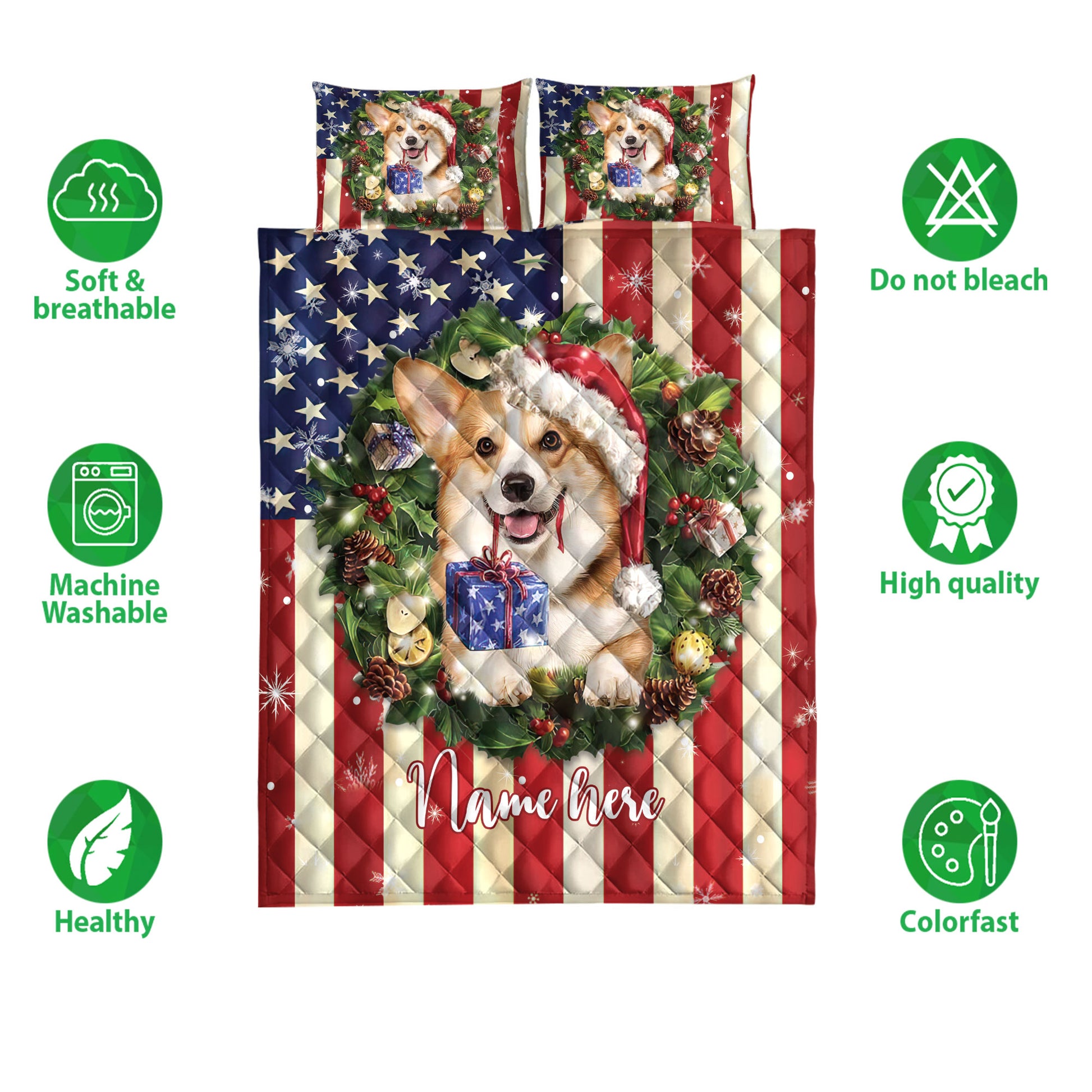 Ohaprints-Quilt-Bed-Set-Pillowcase-Corgi-Wearing-Christmas-Hat-Wreath-Custom-Personalized-Name-Blanket-Bedspread-Bedding-4147-Double (70'' x 80'')