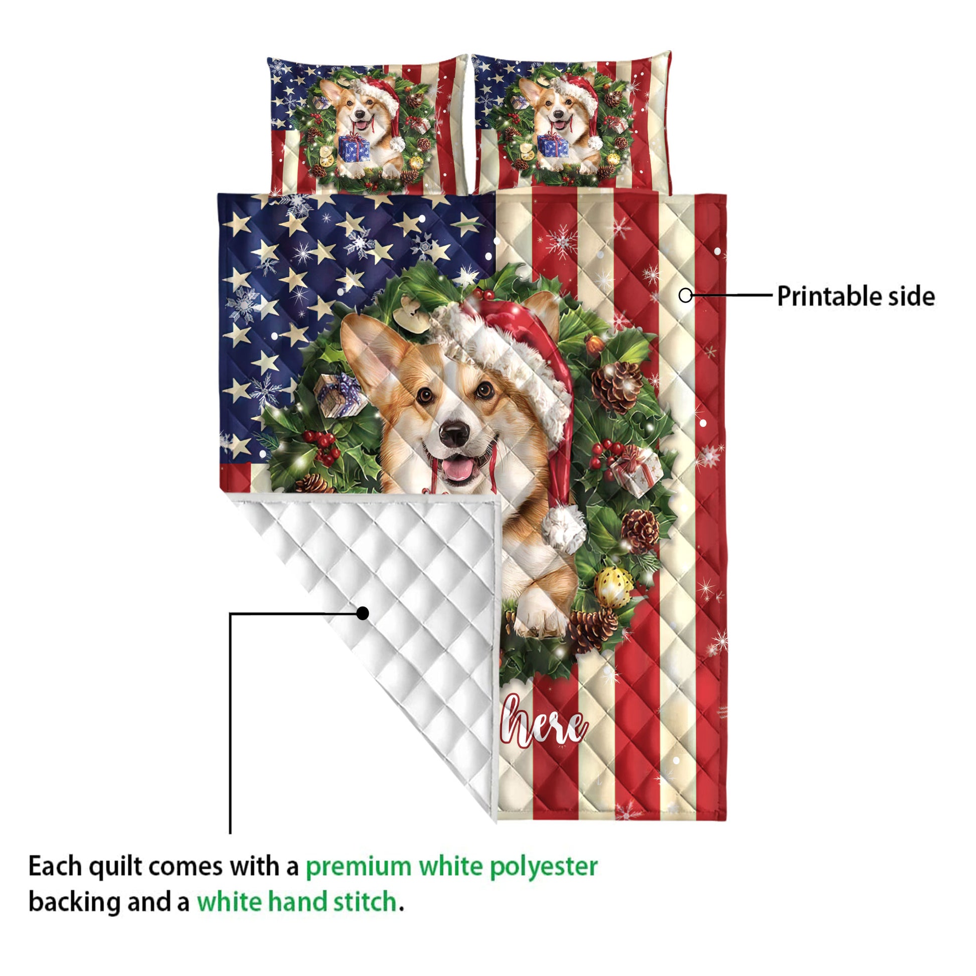 Ohaprints-Quilt-Bed-Set-Pillowcase-Corgi-Wearing-Christmas-Hat-Wreath-Custom-Personalized-Name-Blanket-Bedspread-Bedding-4147-Queen (80'' x 90'')