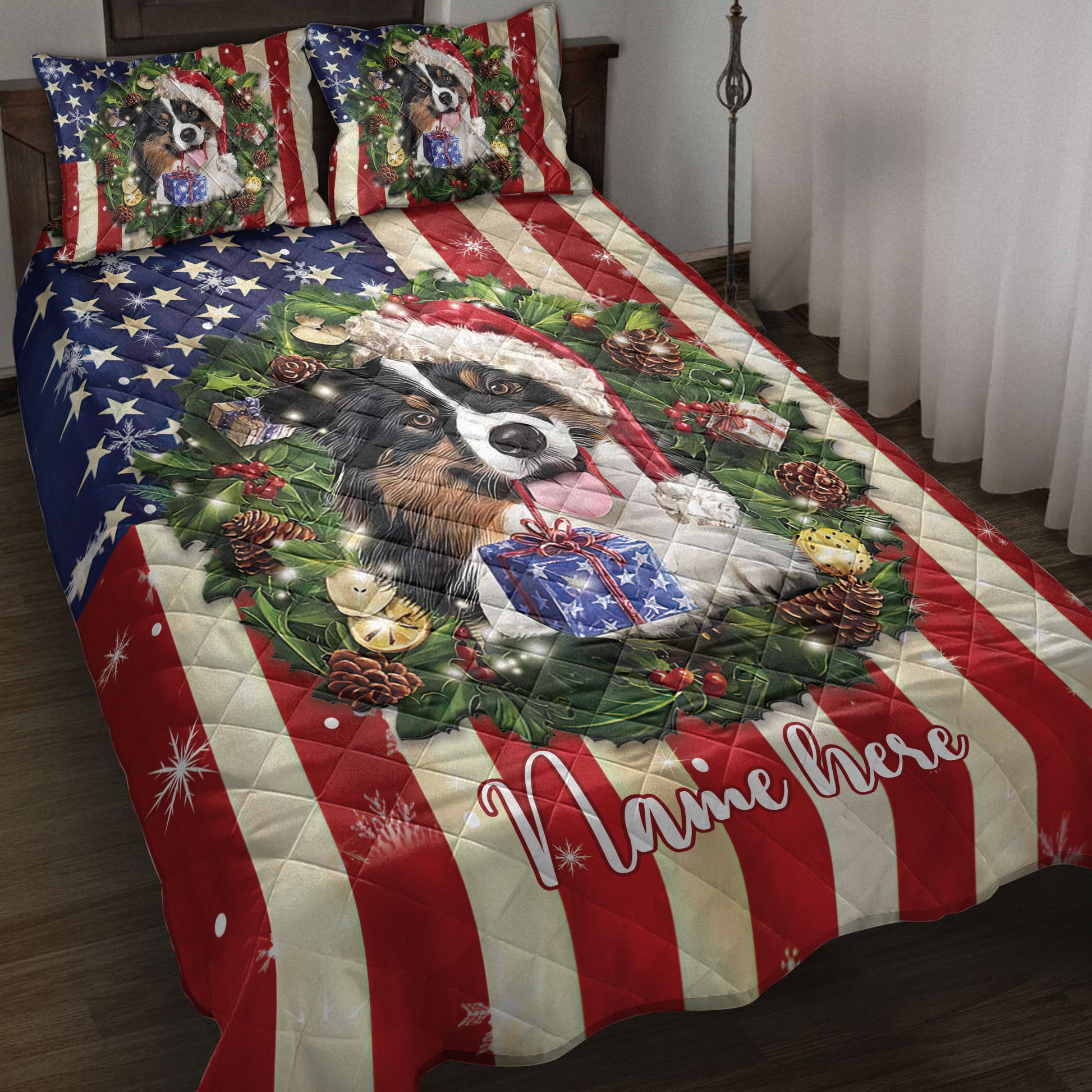 Ohaprints-Quilt-Bed-Set-Pillowcase-Border-Collie-Wearing-Christmas-Hat-Wreath-Custom-Personalized-Name-Blanket-Bedspread-Bedding-4148-Throw (55'' x 60'')