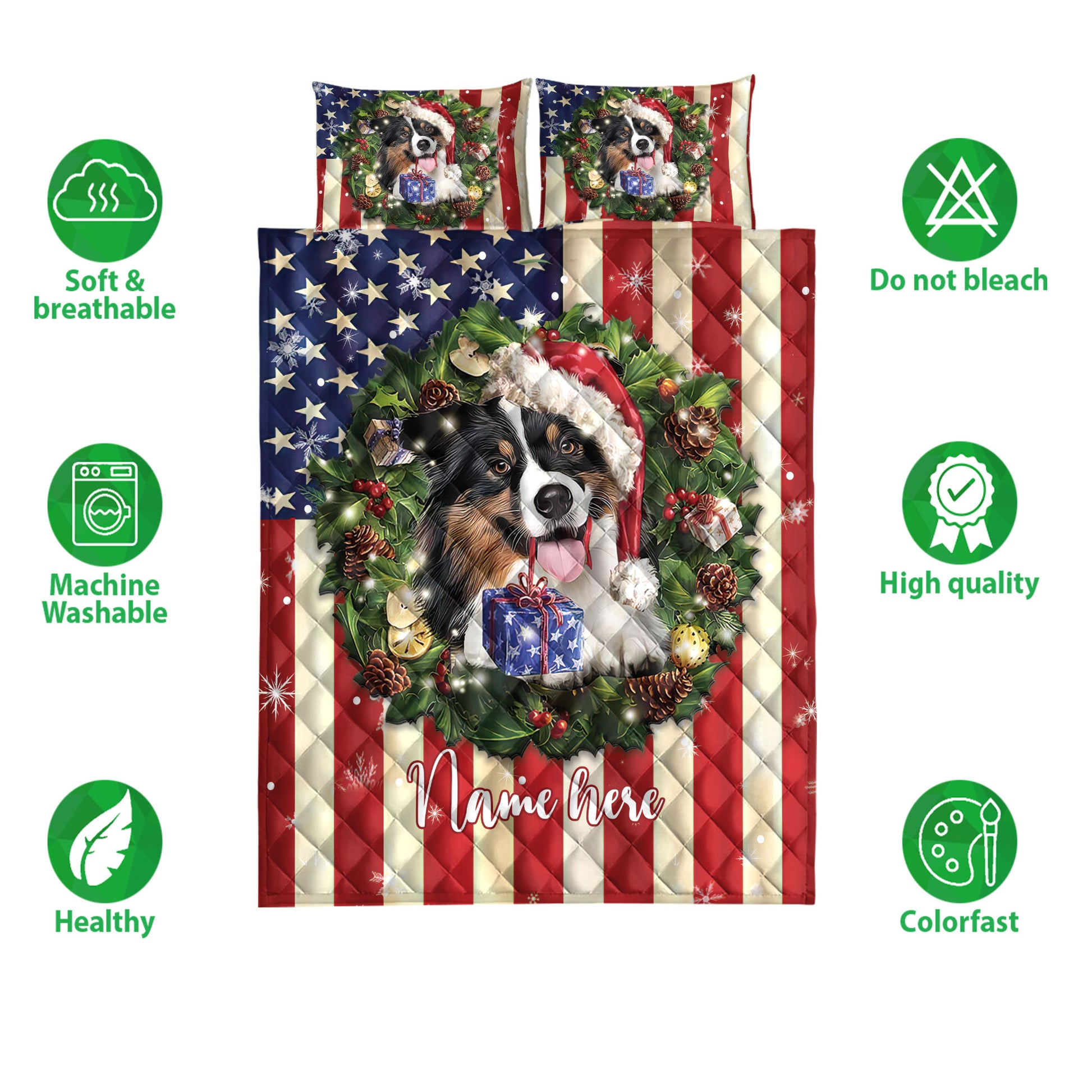 Ohaprints-Quilt-Bed-Set-Pillowcase-Border-Collie-Wearing-Christmas-Hat-Wreath-Custom-Personalized-Name-Blanket-Bedspread-Bedding-4148-Double (70'' x 80'')