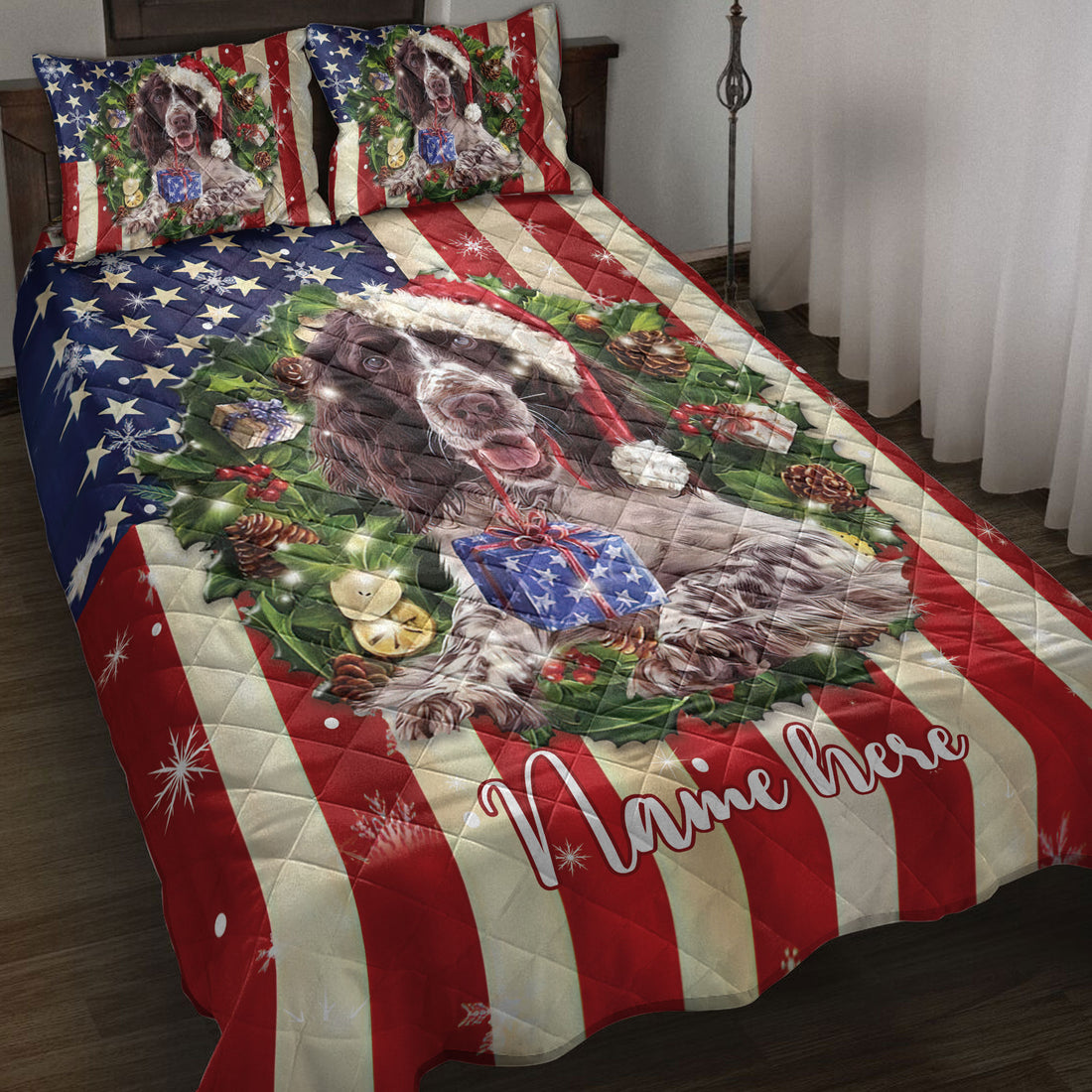 Ohaprints-Quilt-Bed-Set-Pillowcase-English-Springer-Spaniel-Christmas-Hat-Custom-Personalized-Name-Blanket-Bedspread-Bedding-4149-Throw (55'' x 60'')