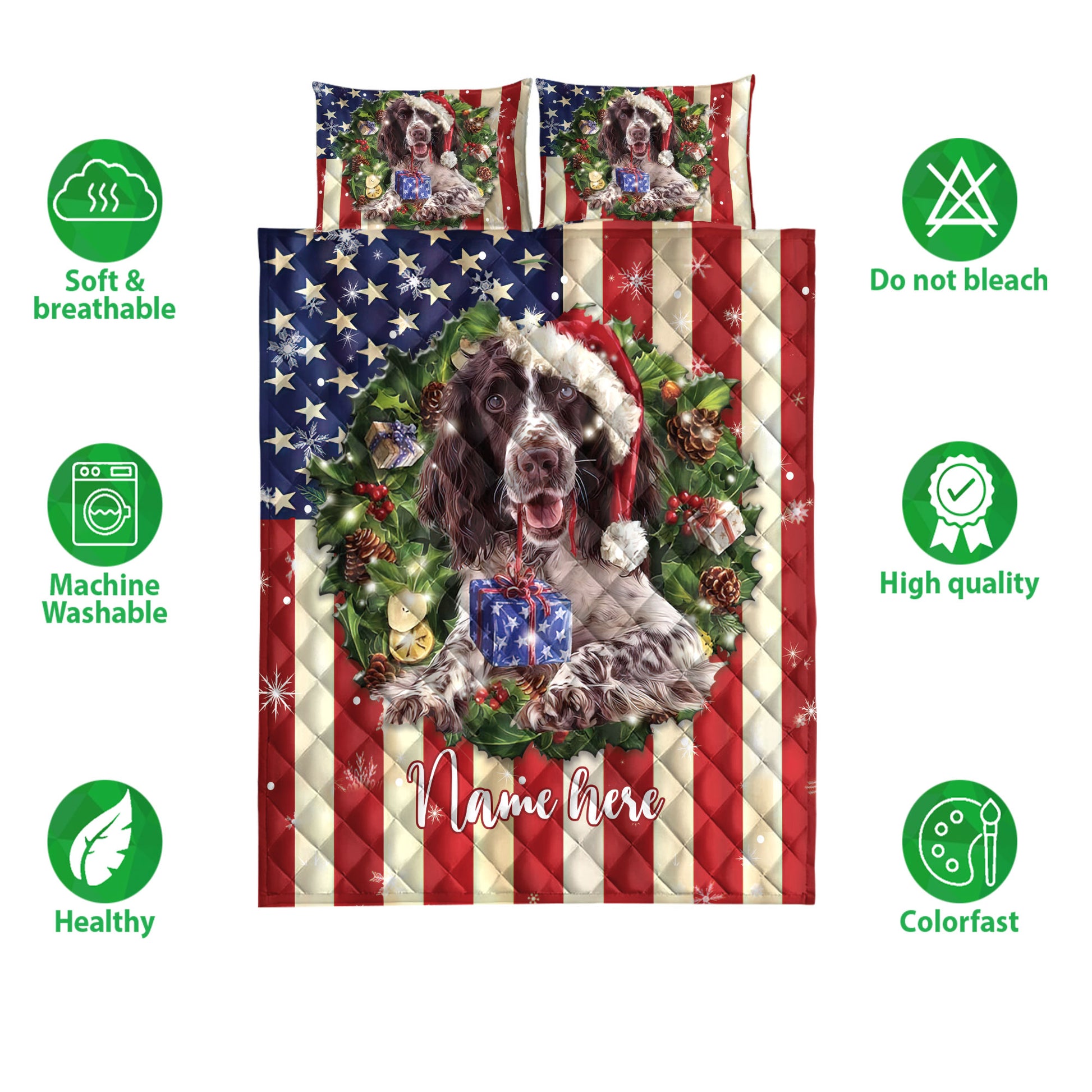 Ohaprints-Quilt-Bed-Set-Pillowcase-English-Springer-Spaniel-Christmas-Hat-Custom-Personalized-Name-Blanket-Bedspread-Bedding-4149-Double (70'' x 80'')