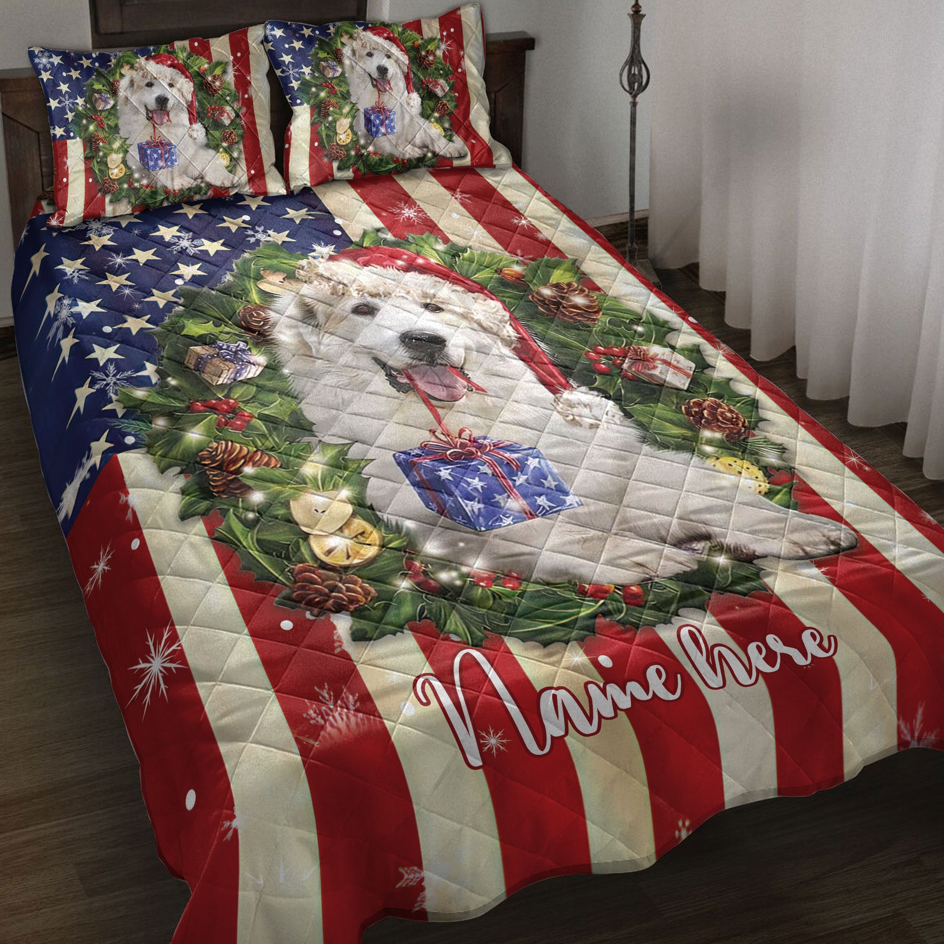 Ohaprints-Quilt-Bed-Set-Pillowcase-Great-Pyrenees-Wearing-Christmas-Hat-Wreath-Custom-Personalized-Name-Blanket-Bedspread-Bedding-4150-Throw (55'' x 60'')