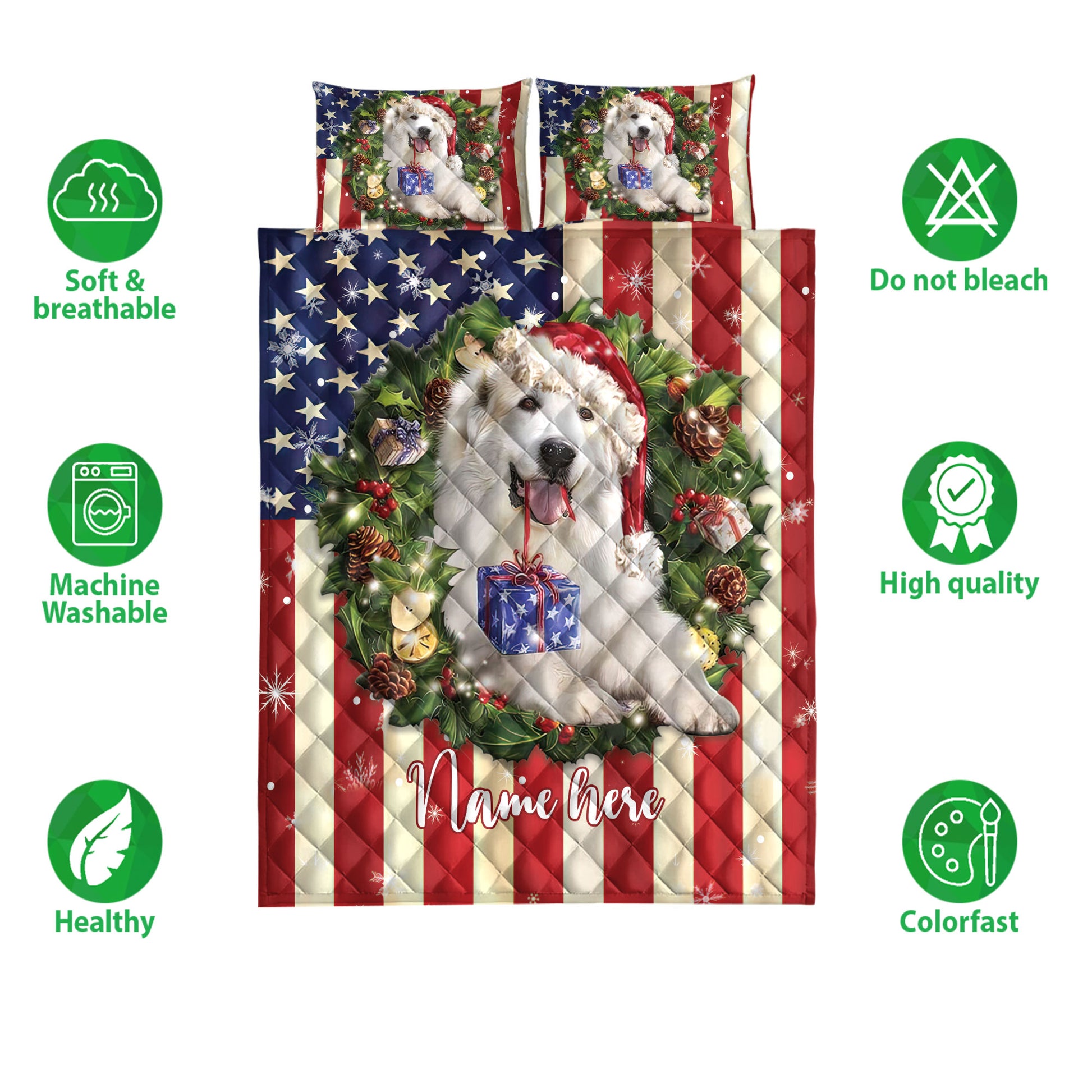 Ohaprints-Quilt-Bed-Set-Pillowcase-Great-Pyrenees-Wearing-Christmas-Hat-Wreath-Custom-Personalized-Name-Blanket-Bedspread-Bedding-4150-Double (70'' x 80'')