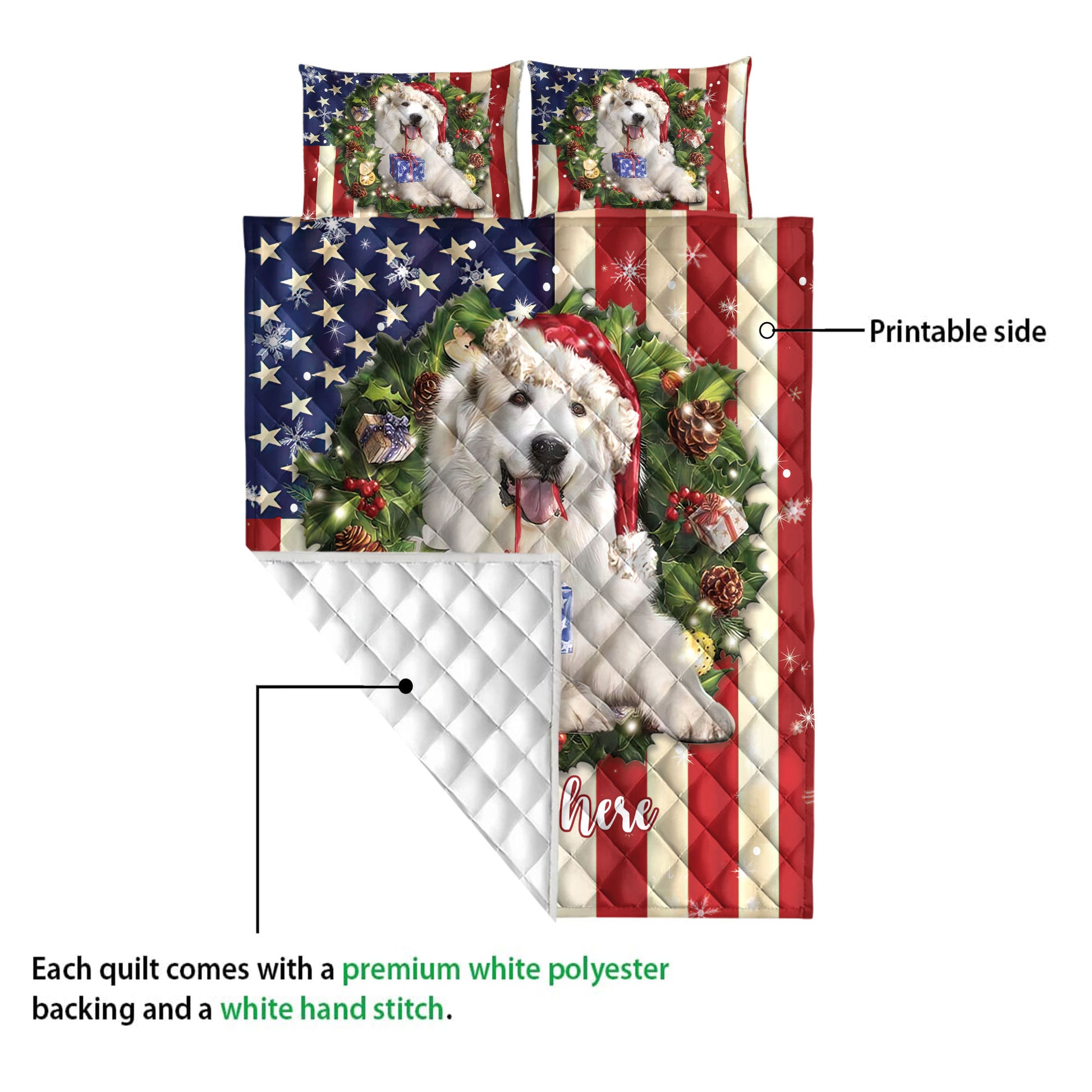 Ohaprints-Quilt-Bed-Set-Pillowcase-Great-Pyrenees-Wearing-Christmas-Hat-Wreath-Custom-Personalized-Name-Blanket-Bedspread-Bedding-4150-Queen (80'' x 90'')