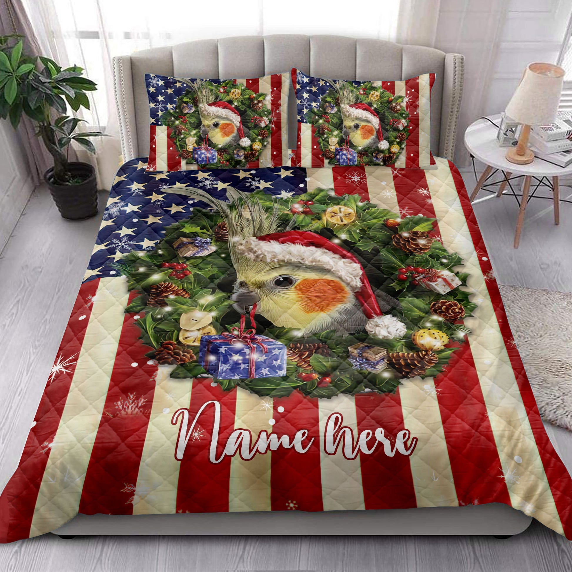 Ohaprints-Quilt-Bed-Set-Pillowcase-Cockatiel-Wearing-Christmas-Hat-Wreath-Custom-Personalized-Name-Blanket-Bedspread-Bedding-4152-King (90'' x 100'')