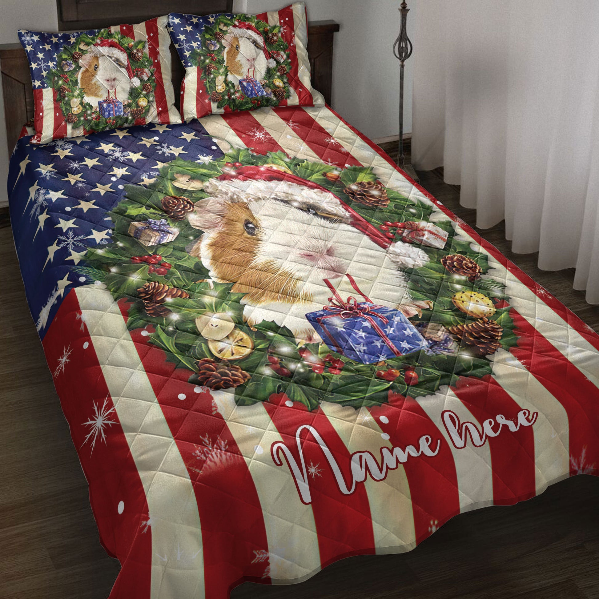 Ohaprints-Quilt-Bed-Set-Pillowcase-Guinea-Pig-Wearing-Christmas-Hat-Wreath-Custom-Personalized-Name-Blanket-Bedspread-Bedding-4153-Throw (55'' x 60'')