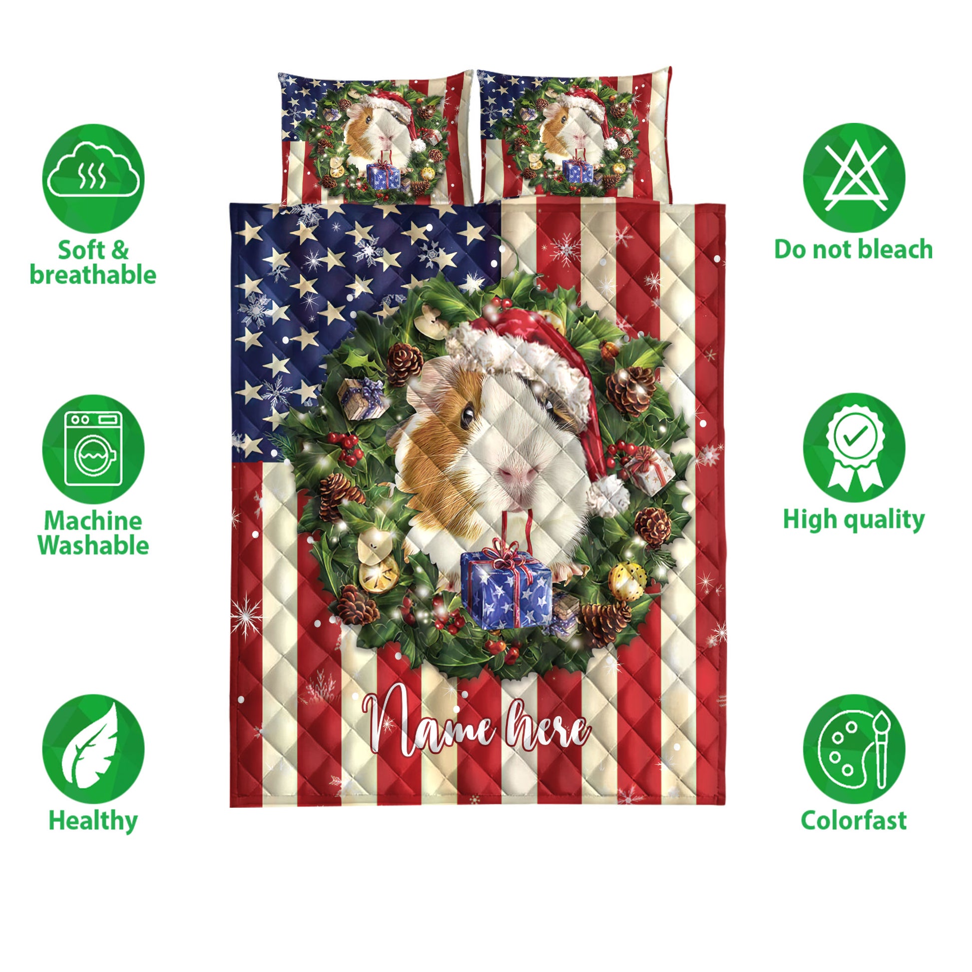 Ohaprints-Quilt-Bed-Set-Pillowcase-Guinea-Pig-Wearing-Christmas-Hat-Wreath-Custom-Personalized-Name-Blanket-Bedspread-Bedding-4153-Double (70'' x 80'')