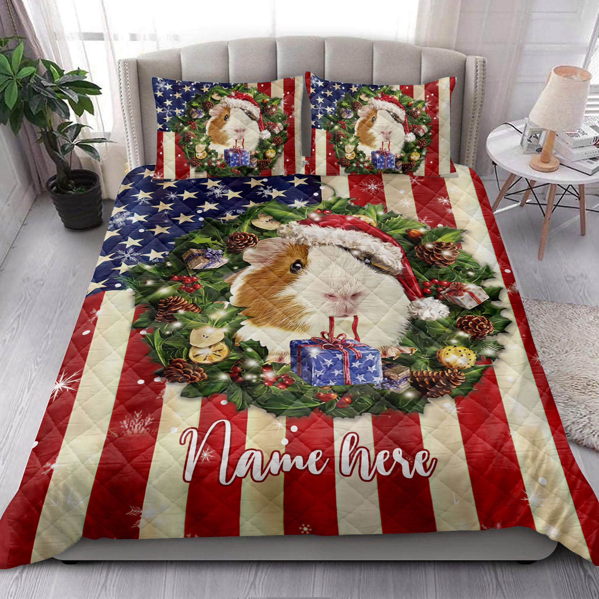 Ohaprints-Quilt-Bed-Set-Pillowcase-Guinea-Pig-Wearing-Christmas-Hat-Wreath-Custom-Personalized-Name-Blanket-Bedspread-Bedding-4153-King (90'' x 100'')