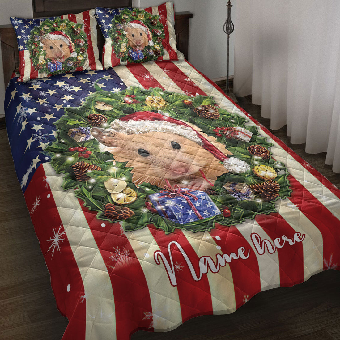 Ohaprints-Quilt-Bed-Set-Pillowcase-Hamster-Wearing-Christmas-Hat-Wreath-Custom-Personalized-Name-Blanket-Bedspread-Bedding-4154-Throw (55'' x 60'')