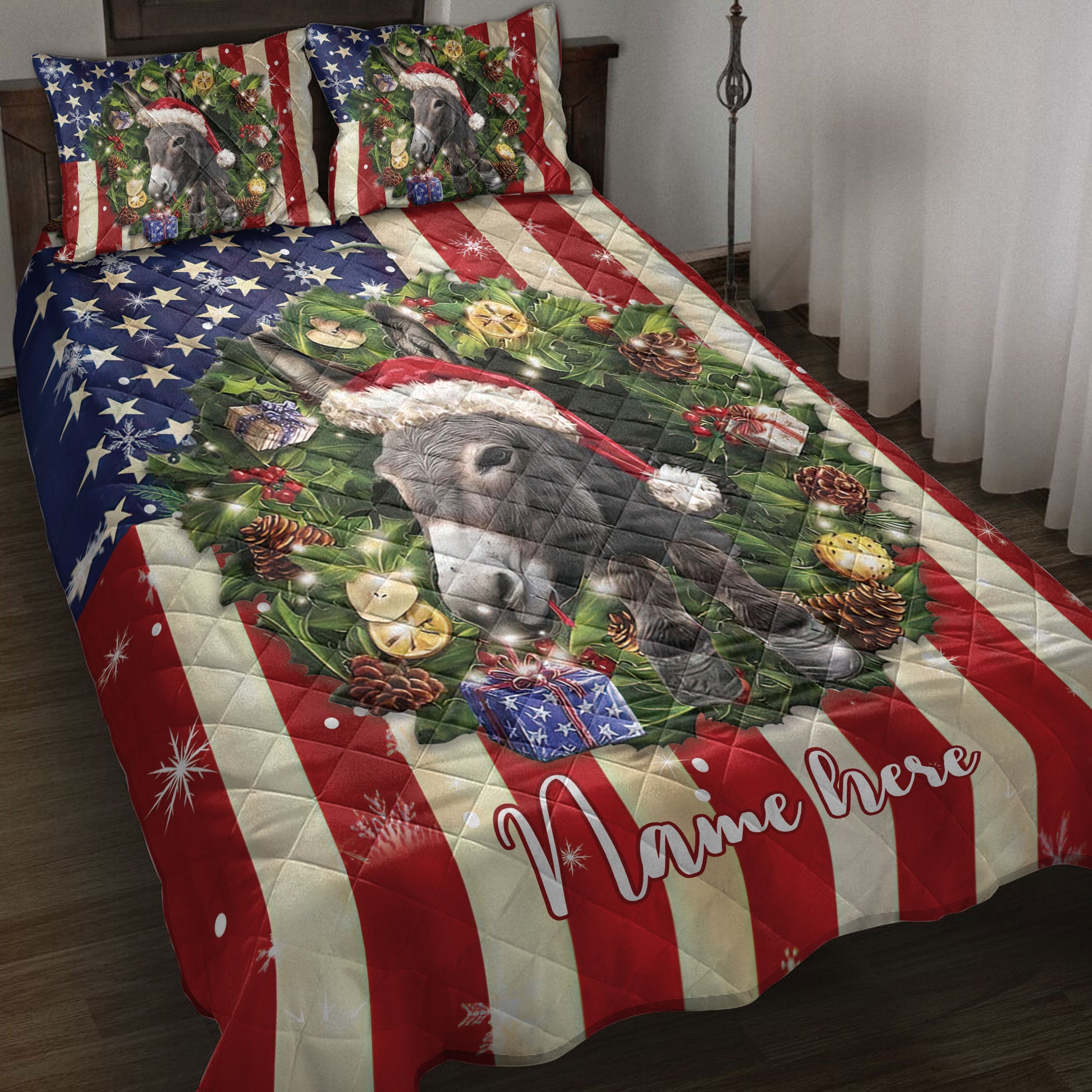 Ohaprints-Quilt-Bed-Set-Pillowcase-Donkey-Wearing-Christmas-Hat-Wreath-Custom-Personalized-Name-Blanket-Bedspread-Bedding-4155-Throw (55'' x 60'')