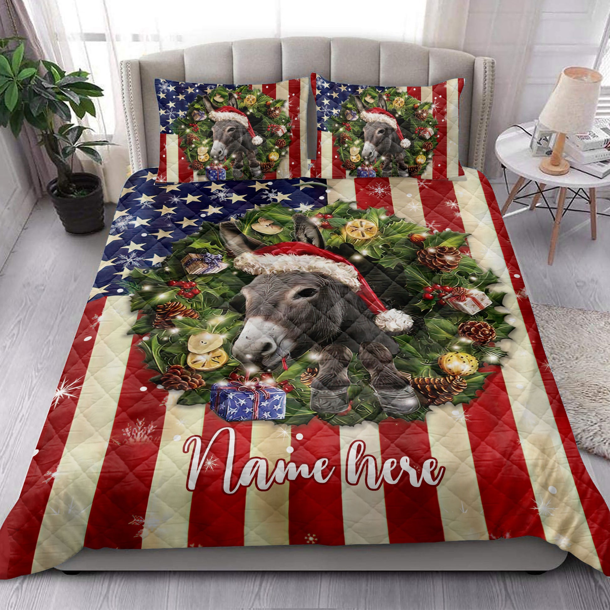 Ohaprints-Quilt-Bed-Set-Pillowcase-Donkey-Wearing-Christmas-Hat-Wreath-Custom-Personalized-Name-Blanket-Bedspread-Bedding-4155-King (90'' x 100'')