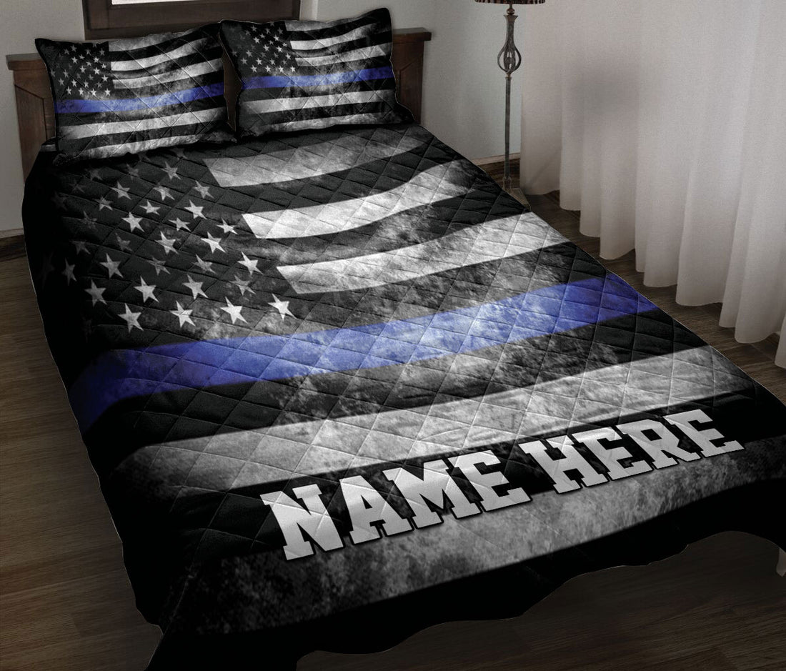 Ohaprints-Quilt-Bed-Set-Pillowcase-Police-Officer-Usa-Flag-Blue-Line-Grunge-Custom-Personalized-Name-Blanket-Bedspread-Bedding-3612-Throw (55'' x 60'')