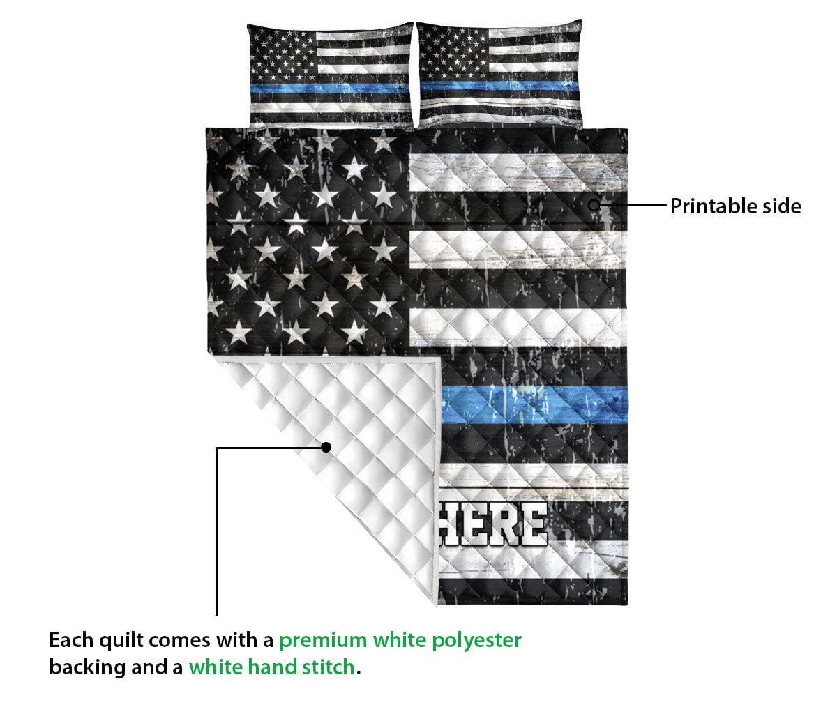 Ohaprints-Quilt-Bed-Set-Pillowcase-Police-Thin-Blue-Line-Us-Flag-Support-Law-Custom-Personalized-Name-Blanket-Bedspread-Bedding-3618-Queen (80'' x 90'')