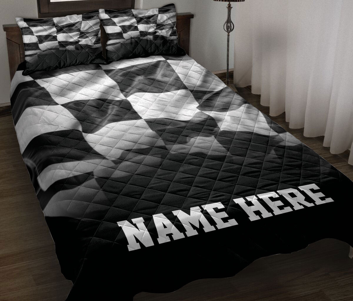 Ohaprints-Quilt-Bed-Set-Pillowcase-Racing-Checkered-Flag-Pattern-Black-White-Custom-Personalized-Name-Blanket-Bedspread-Bedding-3319-Throw (55'' x 60'')