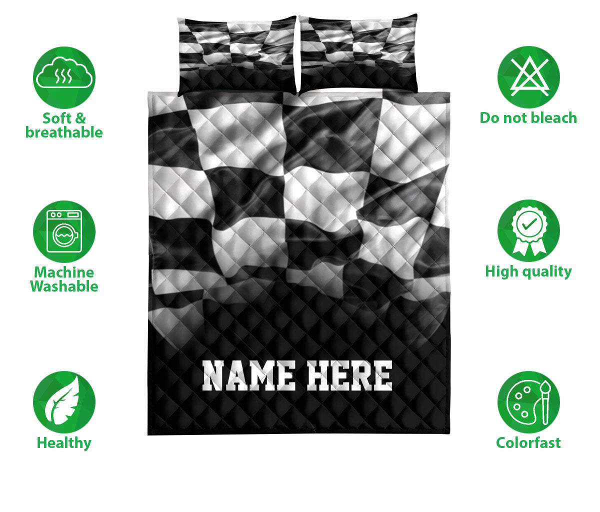 Ohaprints-Quilt-Bed-Set-Pillowcase-Racing-Checkered-Flag-Pattern-Black-White-Custom-Personalized-Name-Blanket-Bedspread-Bedding-3319-Double (70'' x 80'')