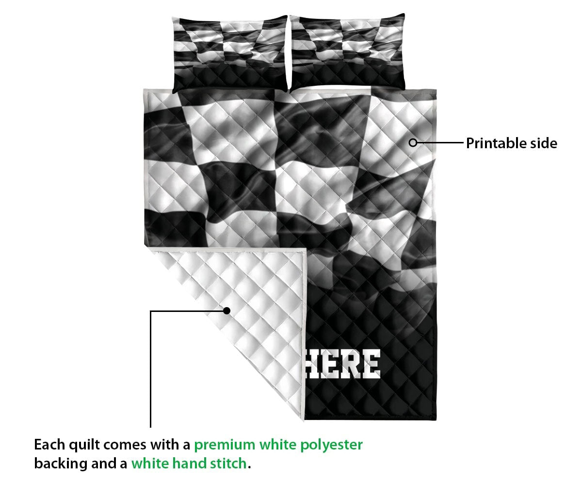 Ohaprints-Quilt-Bed-Set-Pillowcase-Racing-Checkered-Flag-Pattern-Black-White-Custom-Personalized-Name-Blanket-Bedspread-Bedding-3319-Queen (80'' x 90'')