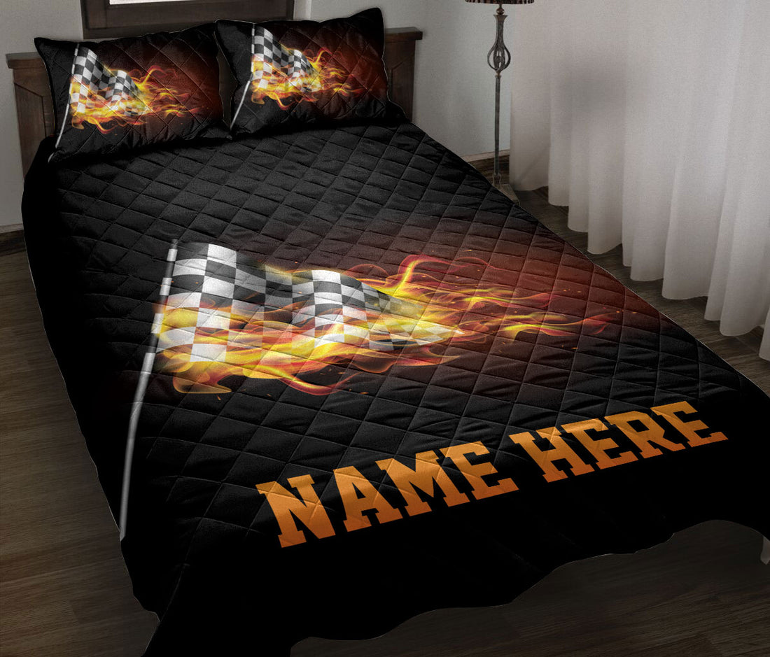 Ohaprints-Quilt-Bed-Set-Pillowcase-Racing-Checkered-Flag-Fire-Flame-Race-Custom-Personalized-Name-Blanket-Bedspread-Bedding-3320-Throw (55'' x 60'')